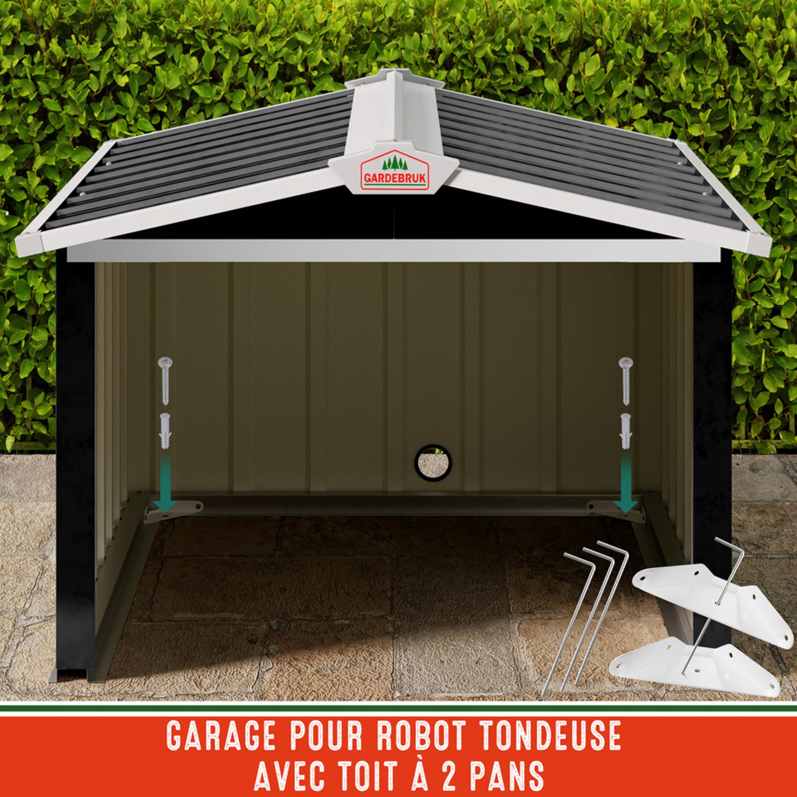 GARDEBRUK® Abri Robot Tondeuse 86x100x63cm Toit à 2 pans métal résistant intempéries 4X piquets Terre Garage Outillage carport Jardin Herbe Anthracite