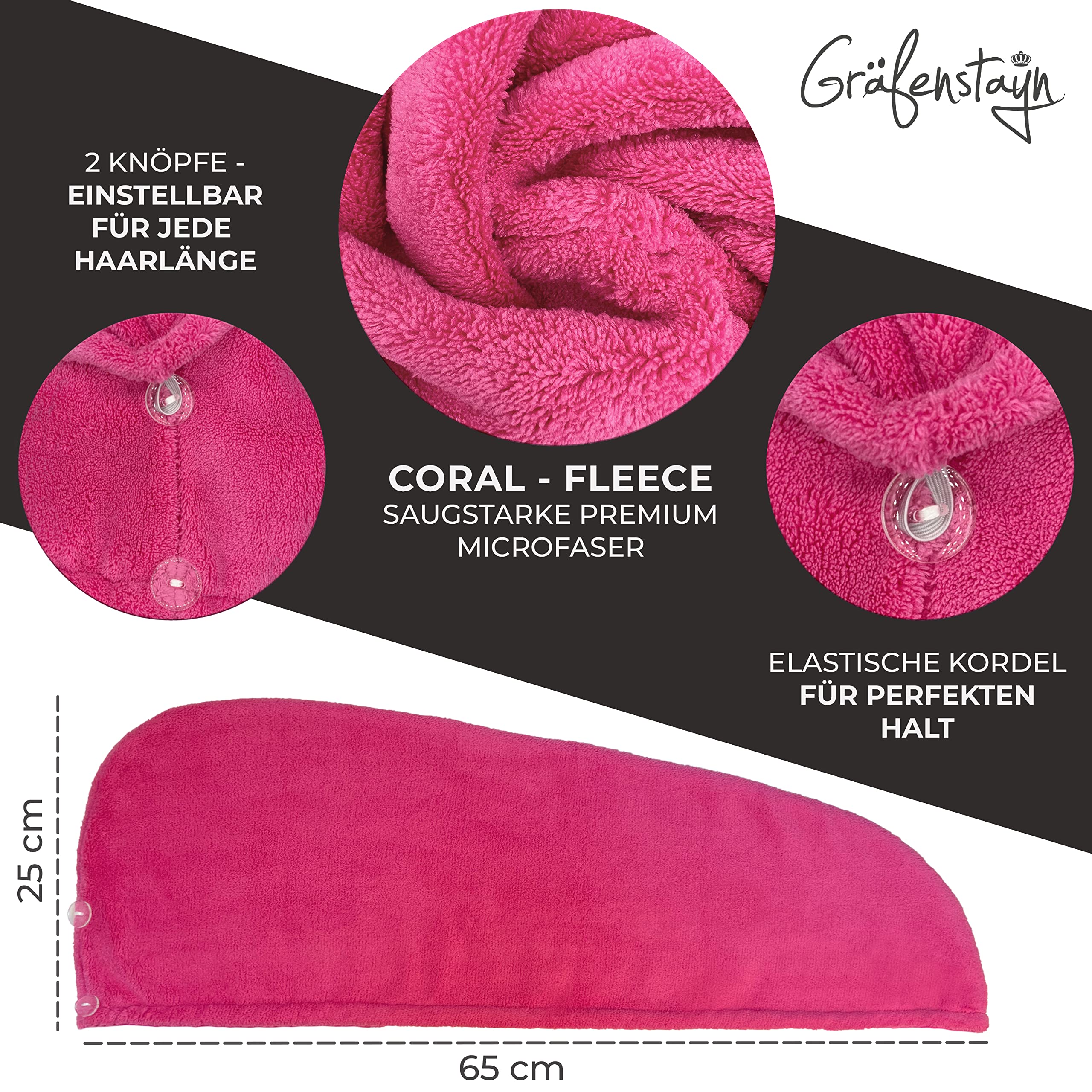 Gräfenstayn Set di 3 Asciugamani per Capelli in Microfibra con 2 bottoni - Asciugamano a turbante ad asciugatura rapida e assorbente - per capelli corti e lunghi (Fucsia)