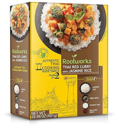 Kit de harina de curry rojo tailandés con arroz jazmín para dos, sabor asiático auténtico, solución de comida casera tailandesa vegano, apto para