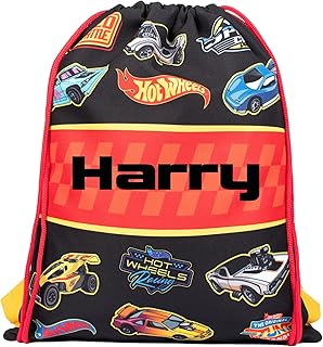 Hot Wheels Bolsa de polietileno personalizada con cordón para niños, bolsa de escuela o natación para niños, mercancía personalizada para niños, color negro