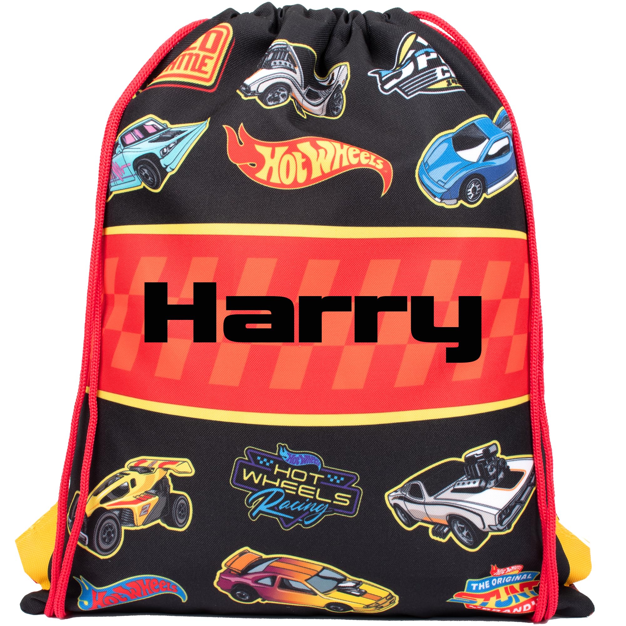 Hot Wheels Personalised Drawstring Bag for Kids PE Bag - Kids School or Swimming Bag for Boys - Personalised Merchandise for Boys - Black