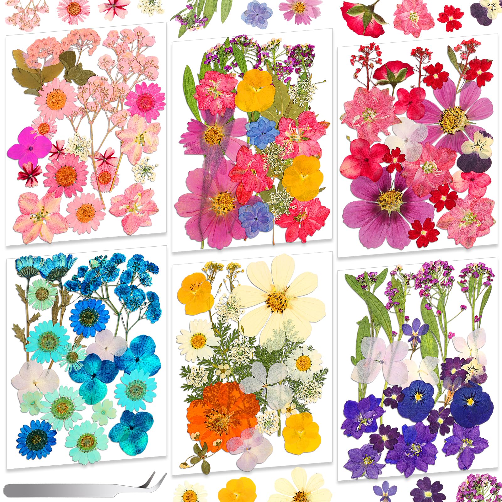 120 PCS Real Pressed Flowers, Natural Dried Pressed Flowers for Resin, Dried Florals Dry Flowers Leaves Kit with Tweezers for Scrapbooking DIY Art Crafts, Mother’s Day Birthday Gift
