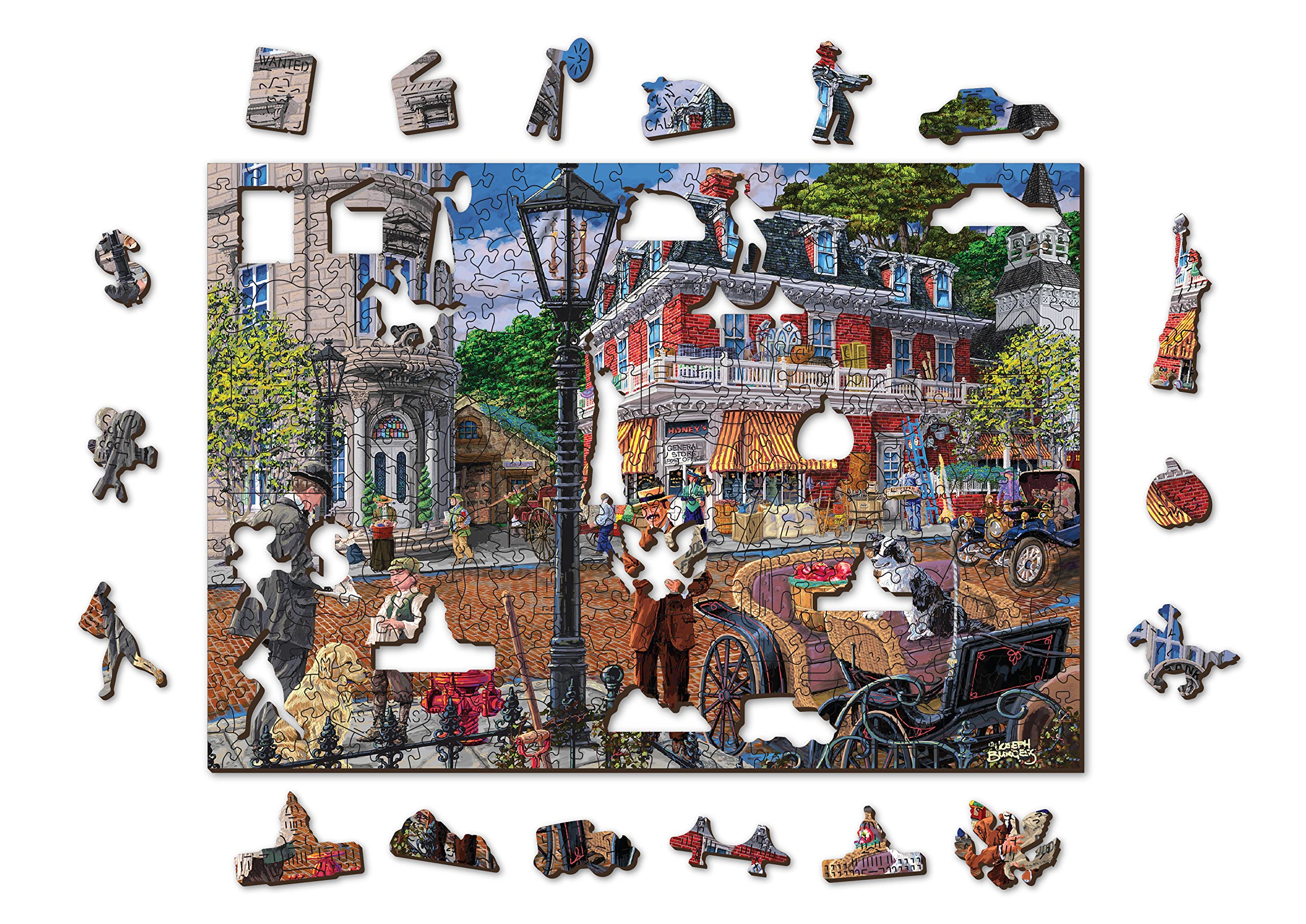 Wooden.City 505 +5 Piece Drewniane Puzzle Main Street - Drewno Nostalgia Jigsaw Puzzle Dla Dzieci I Dorosłych - Zabawa Vintage Retro Puzzles Z Niezwykłymi I Unikalnymi Ukrytymi Kawałkami W Kształcie Zwierząt - Duża Puzzle