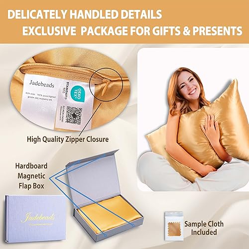 Miniatura 4 de Jadebeads Fundas de almohada 100% pura de seda de morera 22Momme para cabello y piel, funda de almohada de seda champán con cremallera, 1 paquete