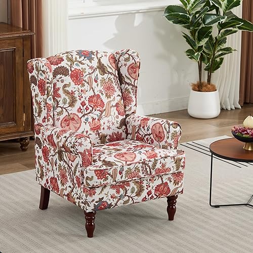 Ball & Cast Modern Accent Chair,Comfy Upholstered Armchair with Retro Wood Legs,Floral Design Single Sofa Chair,Living Room Furniture for Apartment,Bedroom,Office,Linen Fabric,Floral Red