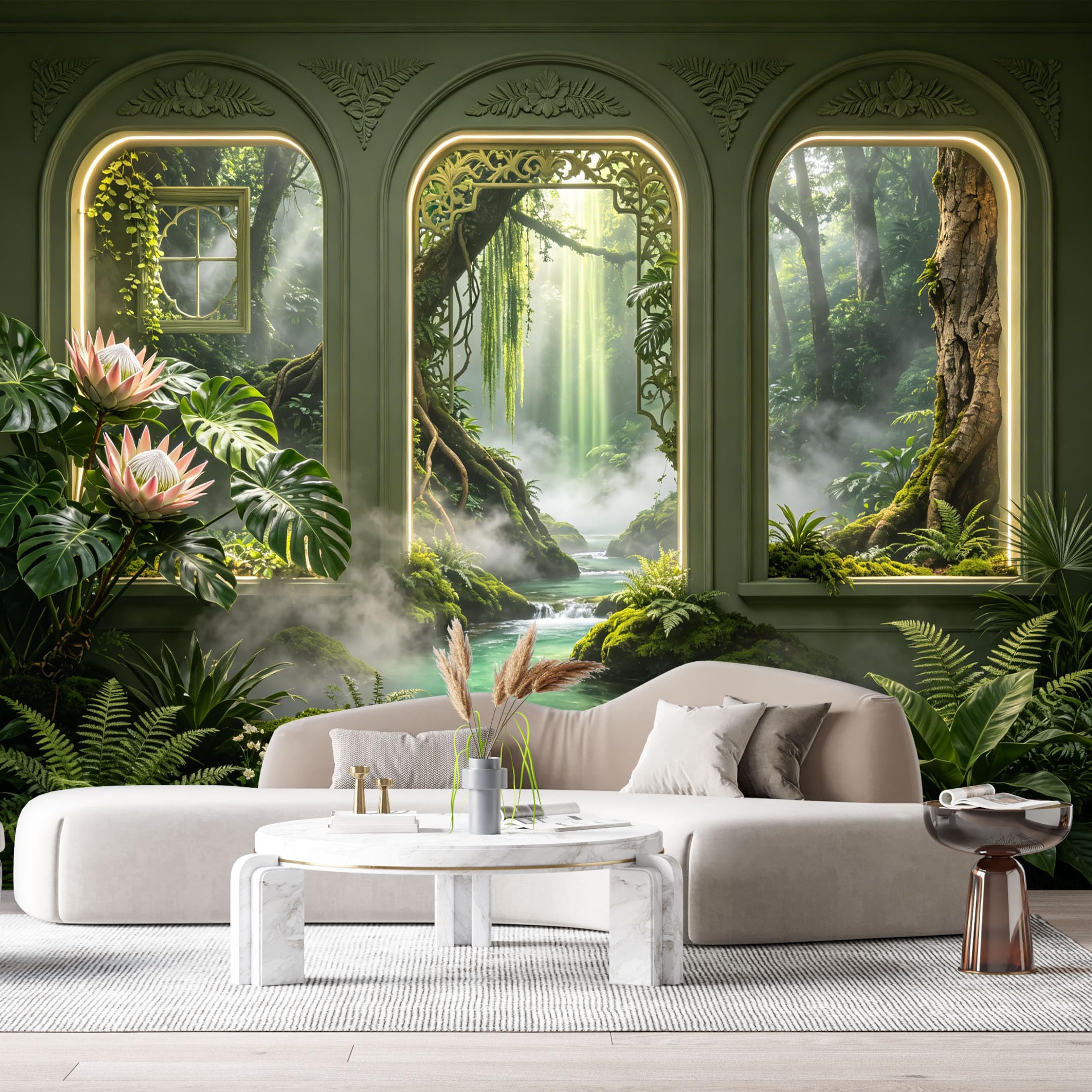 Custom Size Wall Murals Tropical Rainforest Botanical 3D Trompe L'Oeil Archway Stream Mist SelfAdhesive Wall Fabric Removable Large Wallpaper for Photo Living Room