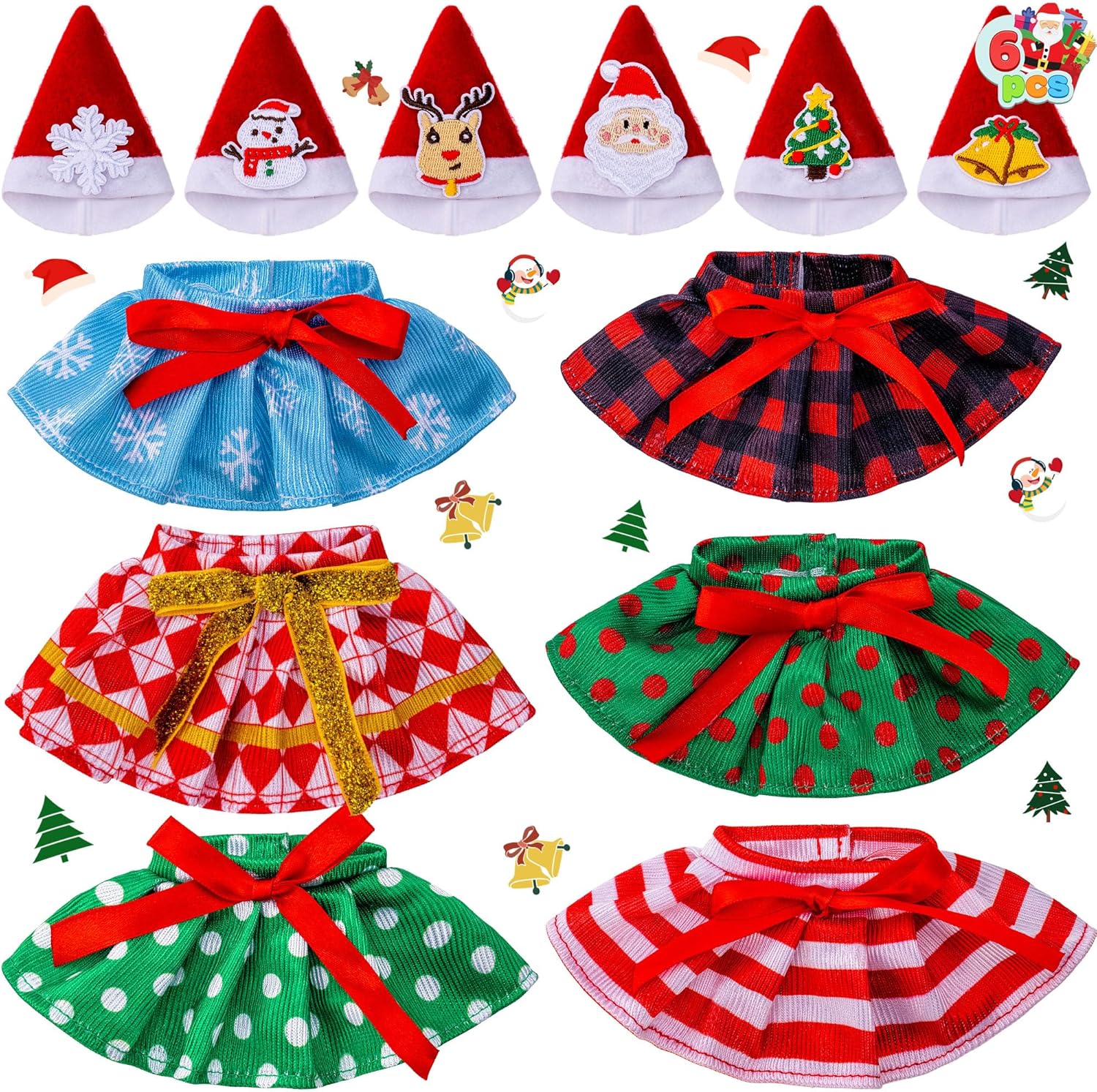 JOYIN 6 PCS Christmas Doll Skirt with Xmas Hat, 6 Designs Festive Looks, Cute Dresses and Christmas Hat for Xmas Kids Toddler Doll Couture Costume Accessories, Christmas Decorations Holiday