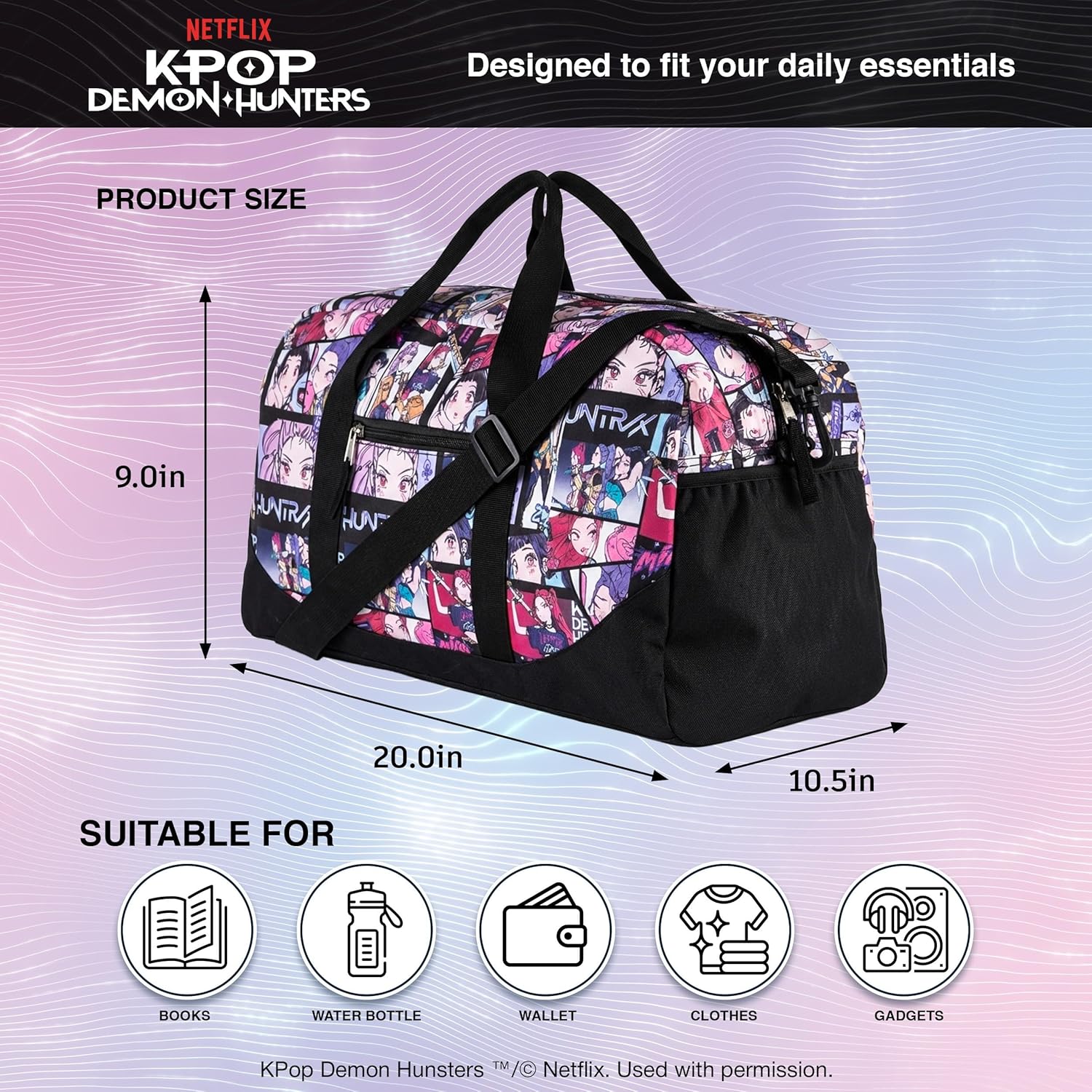 K-Pop Demon Hunters Duffle Bag, 20x10.5x9 Inch Travel Weekender Bag with Anime Character Print, Multi Color Dance Gym Sports Bag with Side Pockets