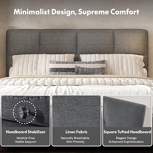 Miniatura 8 de FLEXISPOT Base de cama de plataforma tapizada Queen con cabecera ajustable, puertos USB y tipo C, soporte de 900 libras, tela de lino, certificado