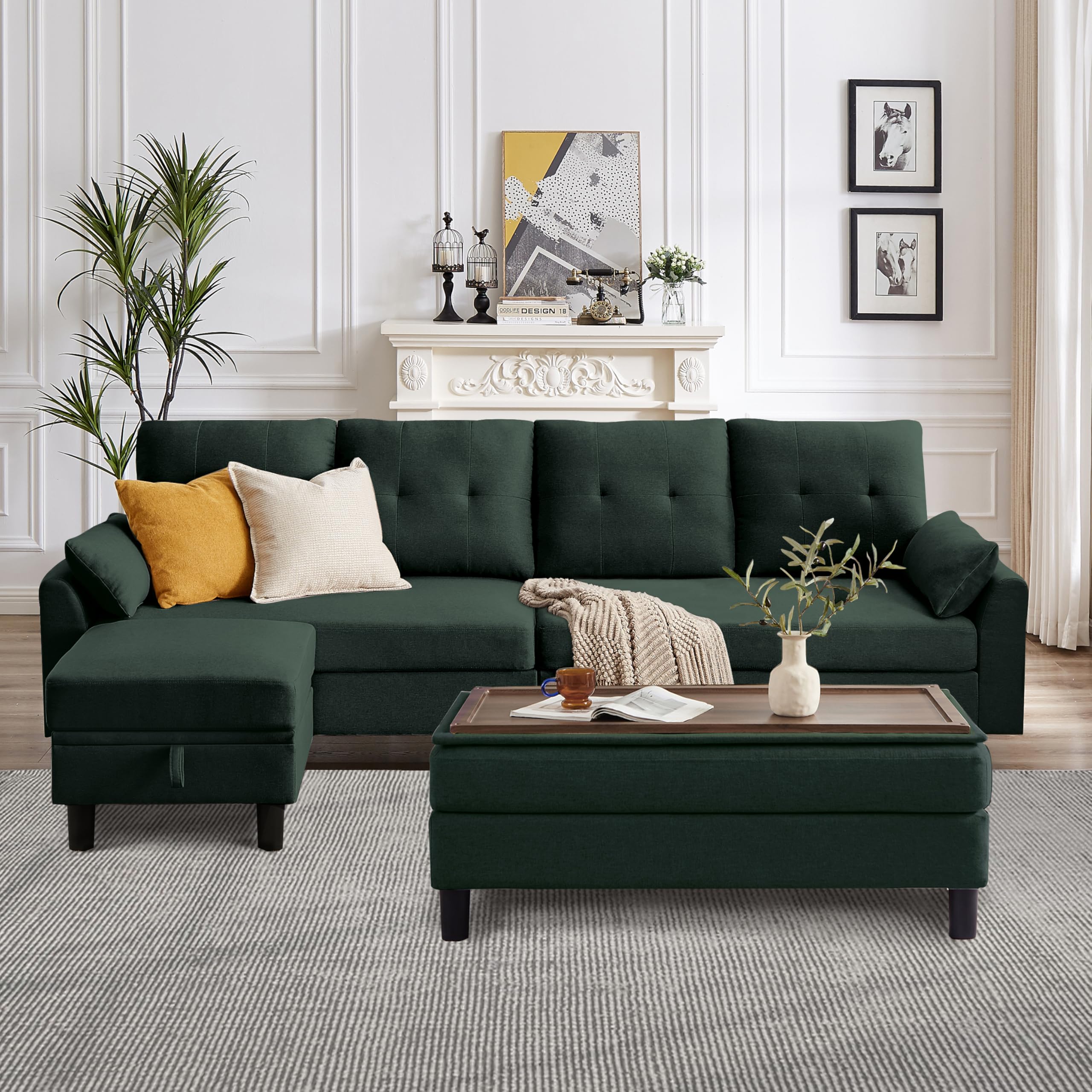 Pingliang Home 102" L-Shape Sofa Couch, Couch with Ottoman Coffee Table, 4 Seat Modern Sofa with Removable Cover for Apartment and Living Room, Green