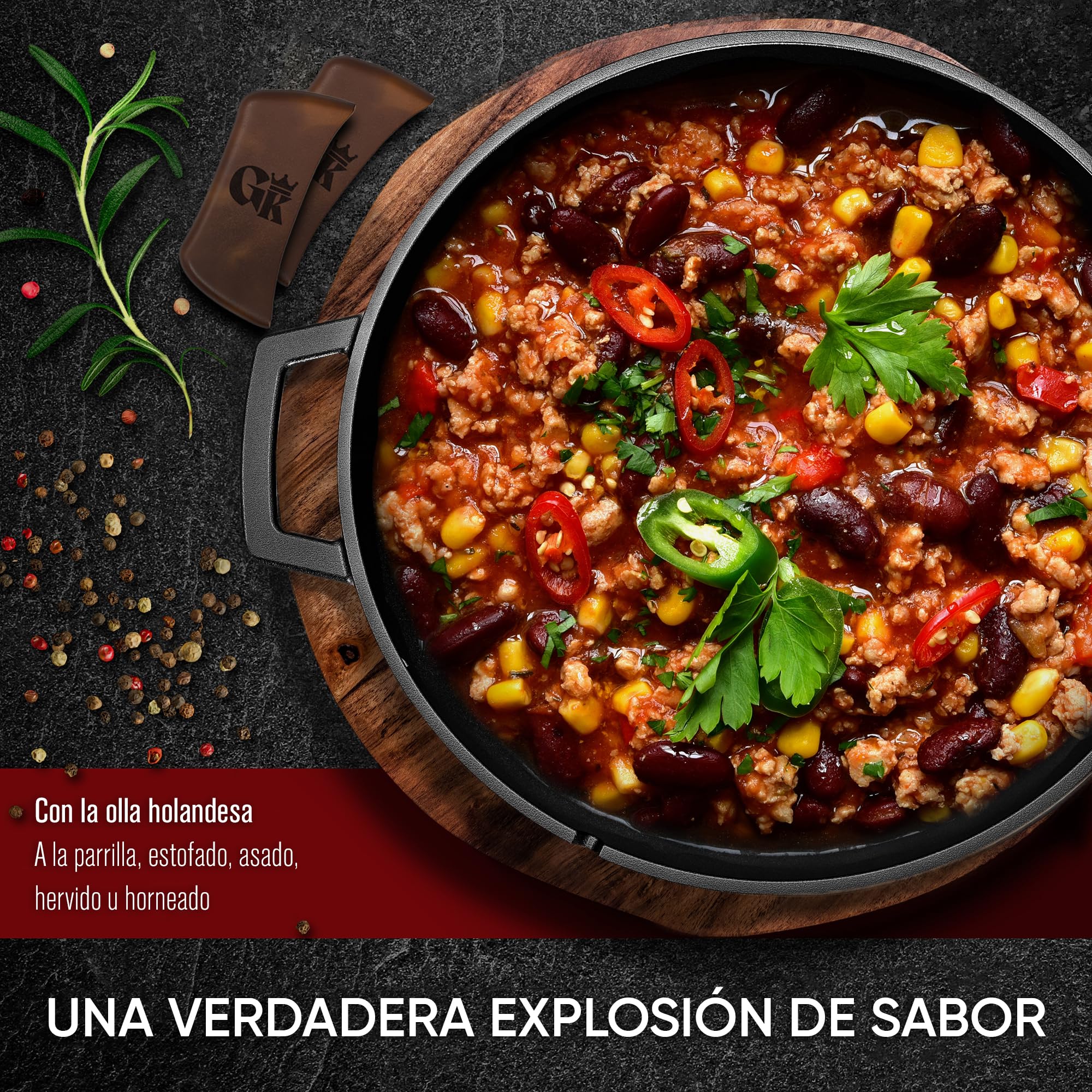 GUSSKÖNIG cocotte hierro fundido – Cocotte pre-curada de 4,8L y sartén de 1,8L. Set 2-en-1 con doble función para estofar, incluye recetario y accesorios para BBQ, camping y cocina