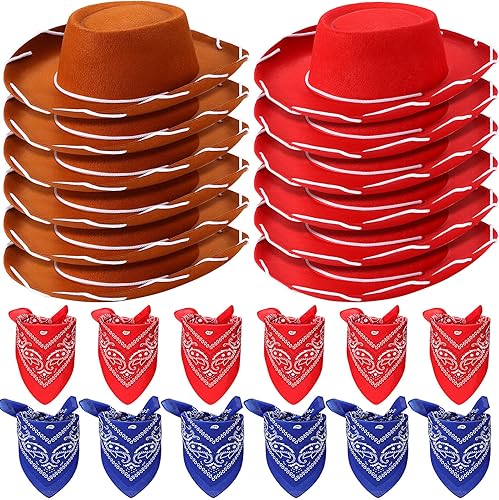 24 Piezas Sombreros de Vaquero y Bandanas para Niños Accesorios de Sombrero de Disfraz de Vaquero del Oeste para Niños Pequeños Suministros de