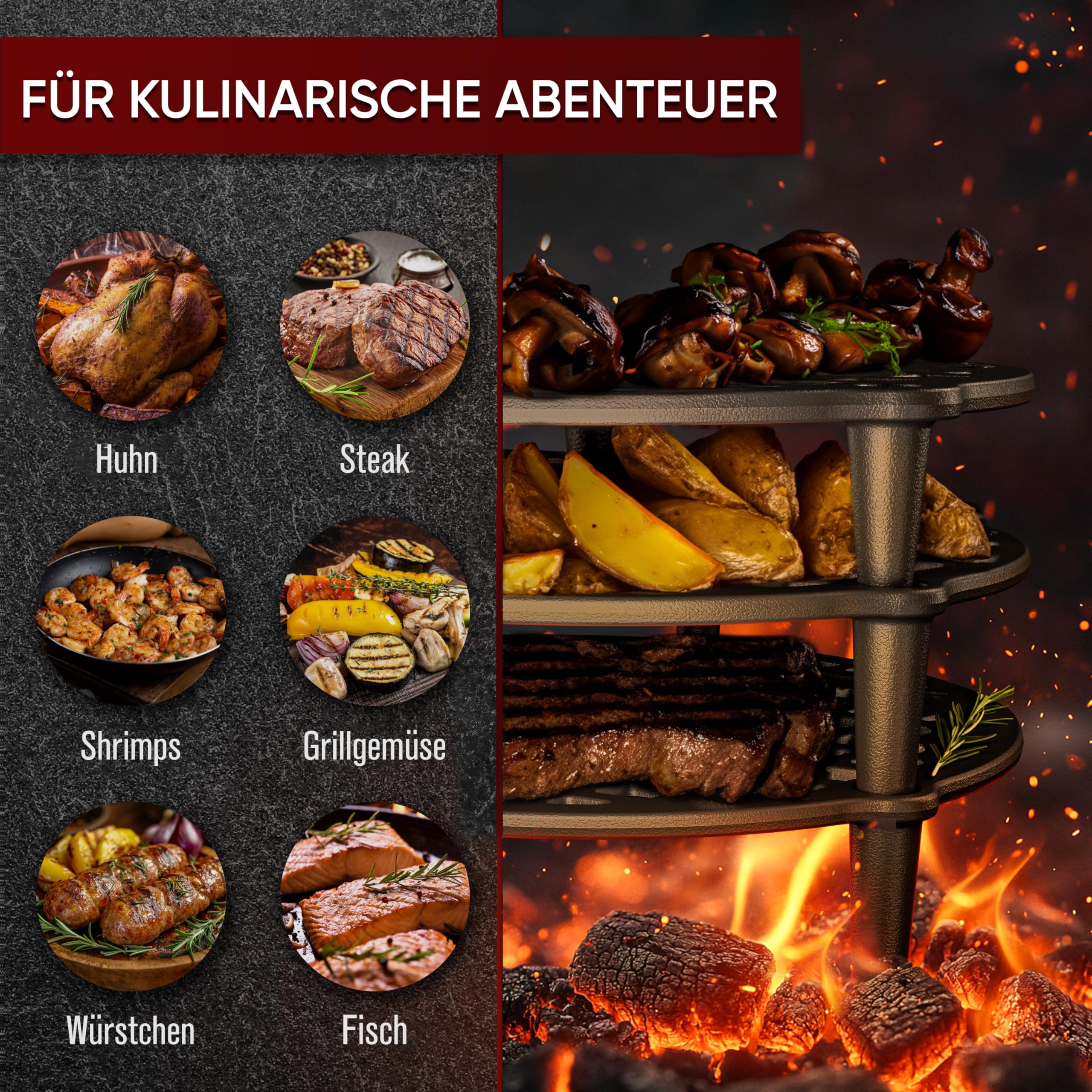 GUSSKÖNIG Gusseisen Stapelrost für 7 Liter Dutch Oven [Ø 22cm] - Einsatz für DutchOven - Staple Grate - Grillrost Dreibein Gusseisen DutchOven Untersetzer - Dutch Oven Zubehör