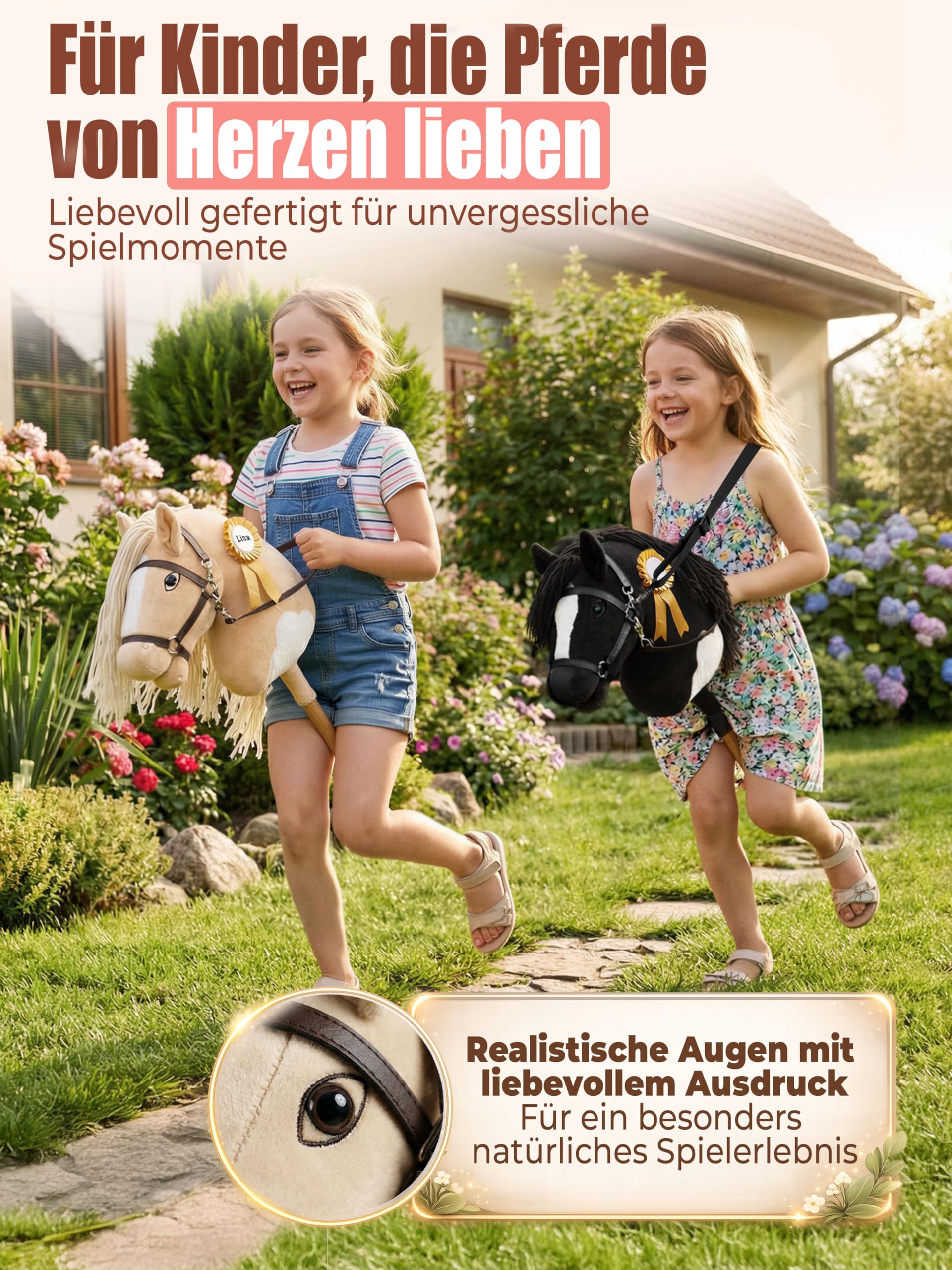 Hobby Horse - Cavallo a bastoncino fatto a mano per bambini da 4 a 12 anni, realistico, con cinghia regolabile e fiocco da torneo (beige e bianco)