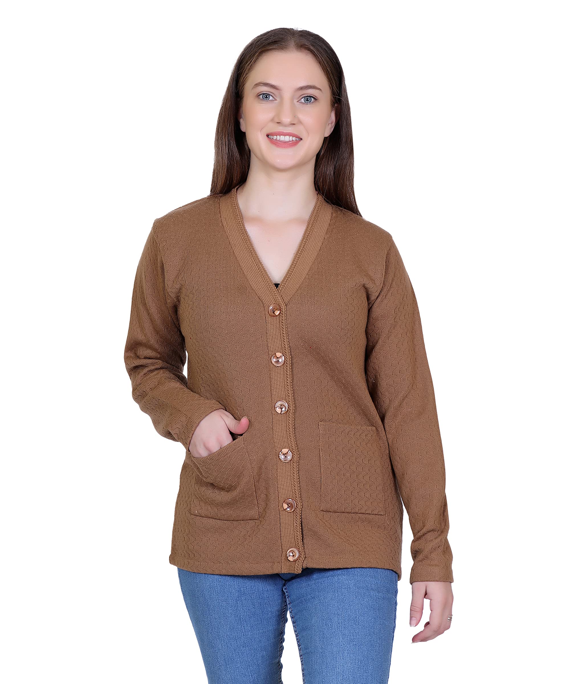 Women's Woolen v-Neck Self Design Regular fit Cardigan Sweater for Winter wear