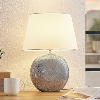 19" Modern Ceramic Table Lamp, Silver Jar-Style Base with White Fabric Shade, Elegant Bedside Lamp for Nightstand or Living Room, E26 Base Bulb Not Included