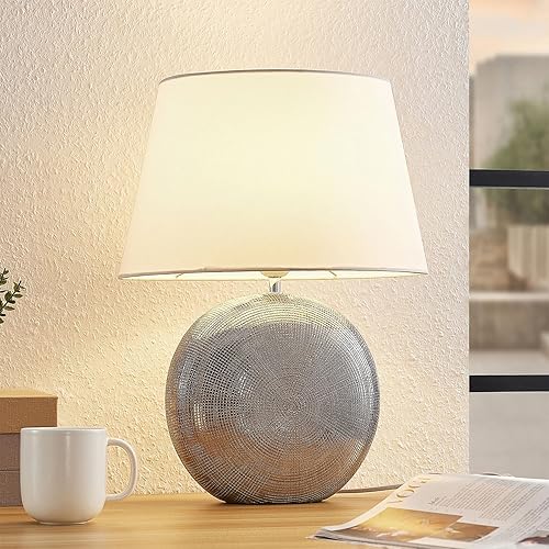 19" Modern Ceramic Table Lamp, Silver Jar-Style Base with White Fabric Shade, Elegant Bedside Lamp for Nightstand or Living Room, E26 Base Bulb Not Included