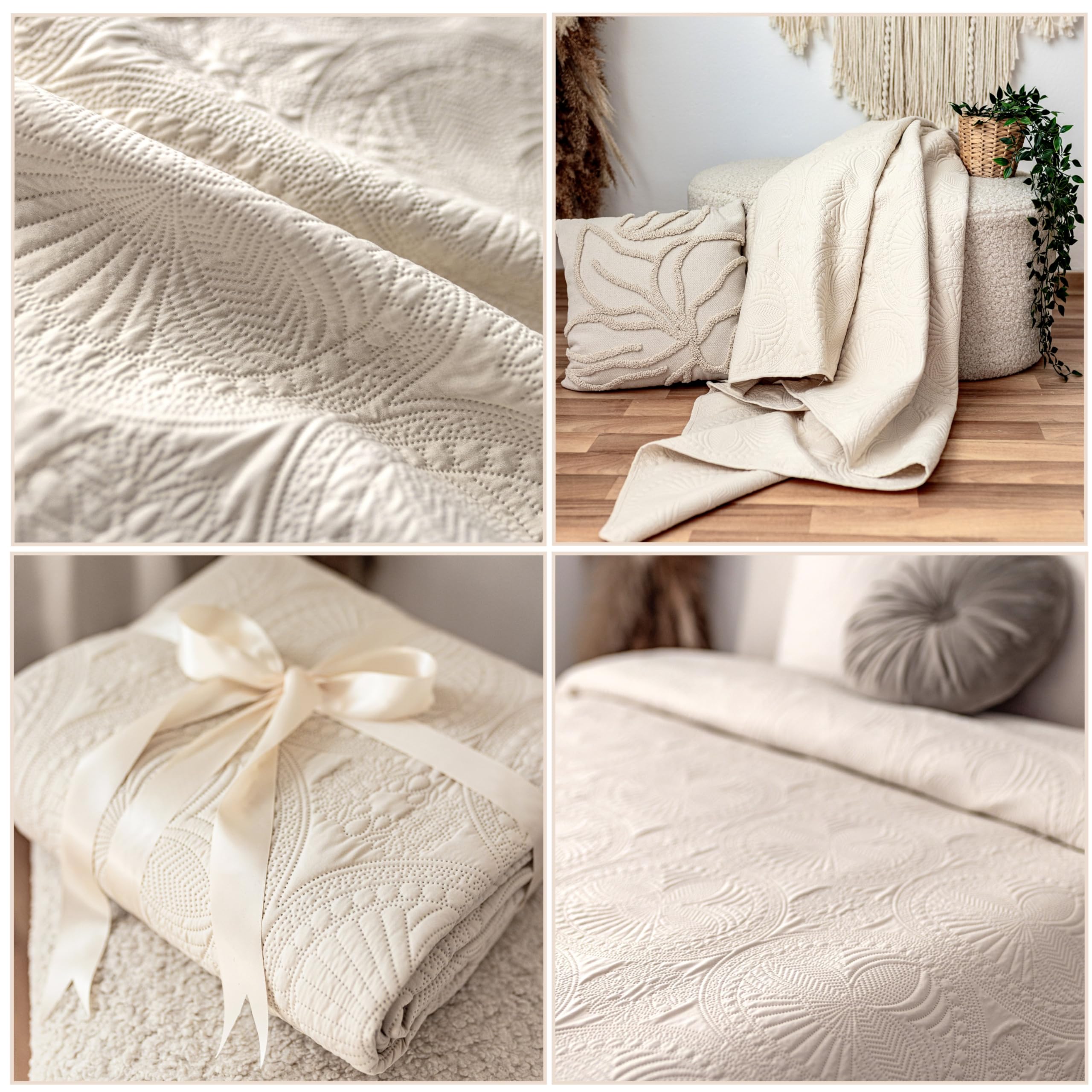 Tagesdecke 220x240 Bettüberwurf Tagesdecken - Überwurf Mandala Sofaüberwurf Steppdecke Sofa Decke Bett Überwurfdecke Tages Decken Betthusse XXL Überdecke Gesteppte (Creme)