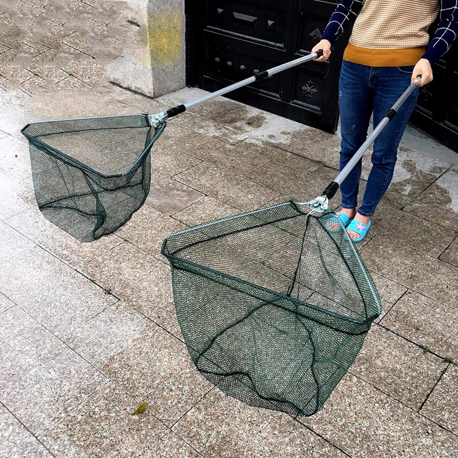 SISWIM Red de Pesca Red de Aterrizaje de Pesca Plegable Triangular, Mango de Poste Extensible de Aluminio de 3 Secciones, Red de Pesca Verde, Palas, Red de Cuerda Accesorios de Pescar (Color : 2.1m)