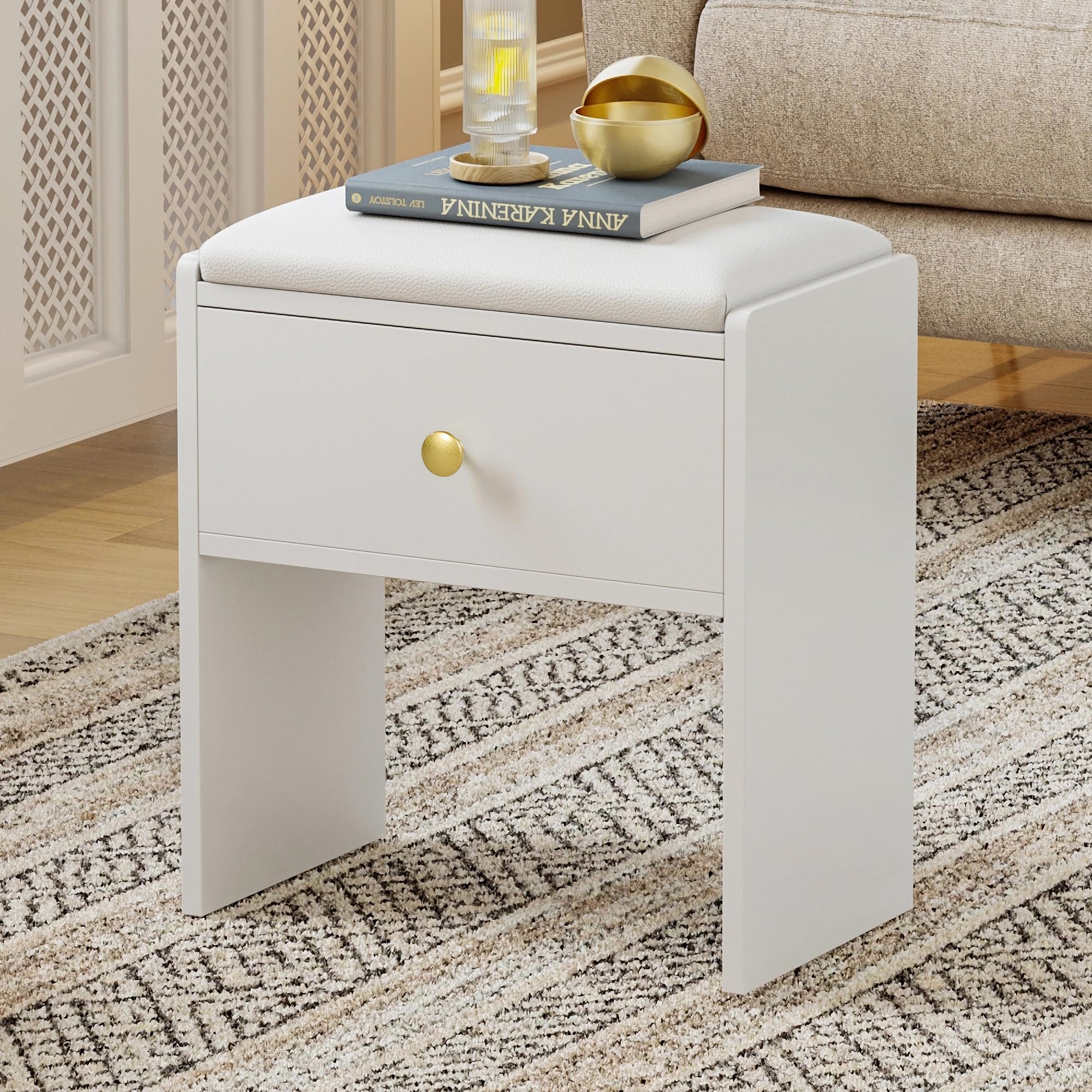 Tabouret de Coiffeuse, Chaise Rembourrée de Maquillage avec Tiroir, Tabouret de Maquillage en Bois avec Patins Antidérapants, pour Dressing, Chambre à Coucher, Couloir et Salon, Blanc