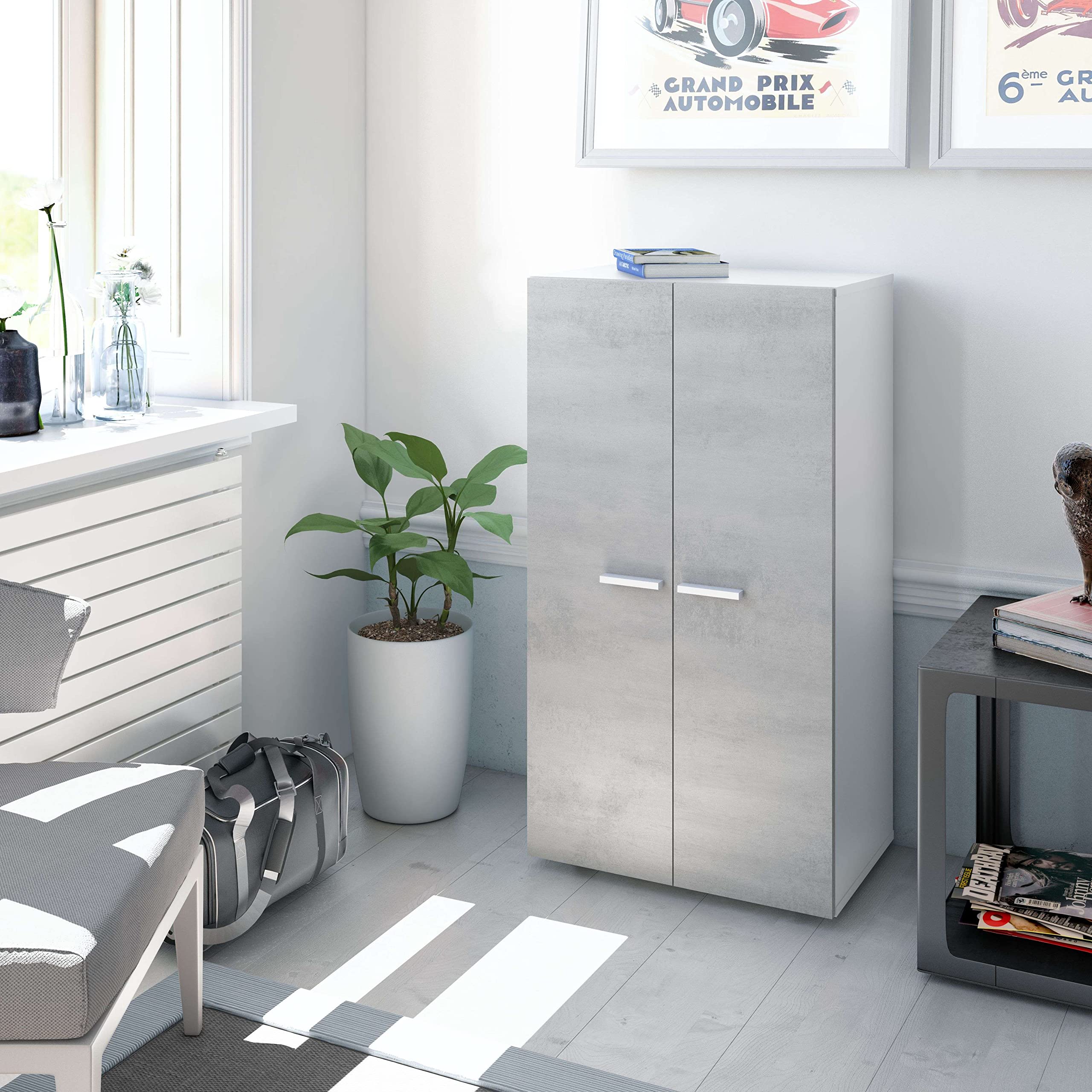 Miroytengo Conjunto Dormitorio Completo Habitación Principal Color Blanco Artik y Cemento (cabecero + 2 mesitas + Armario + Zapatero)