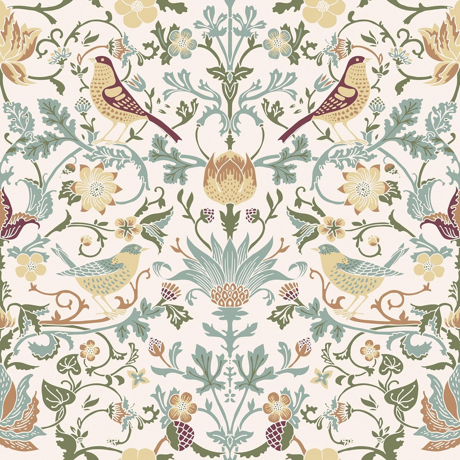 Wallercity Beige William Morris Wallpaper Vintage Botanical Floral Wallpaper Peel and Stick Bird Flower Wall Paper Self Adhesive Decorative Boho Floral Contact Paper for Cabinets Bathroom 17.5"x102"