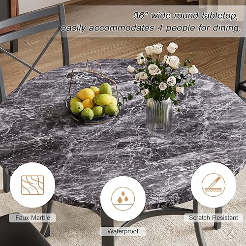 Miniatura 2 de VECELO Juego de mesa de comedor de 5 piezas para 4 personas con sillas, mesa de mármol sintético, espacio pequeño, cocina, rincón de desayuno, color