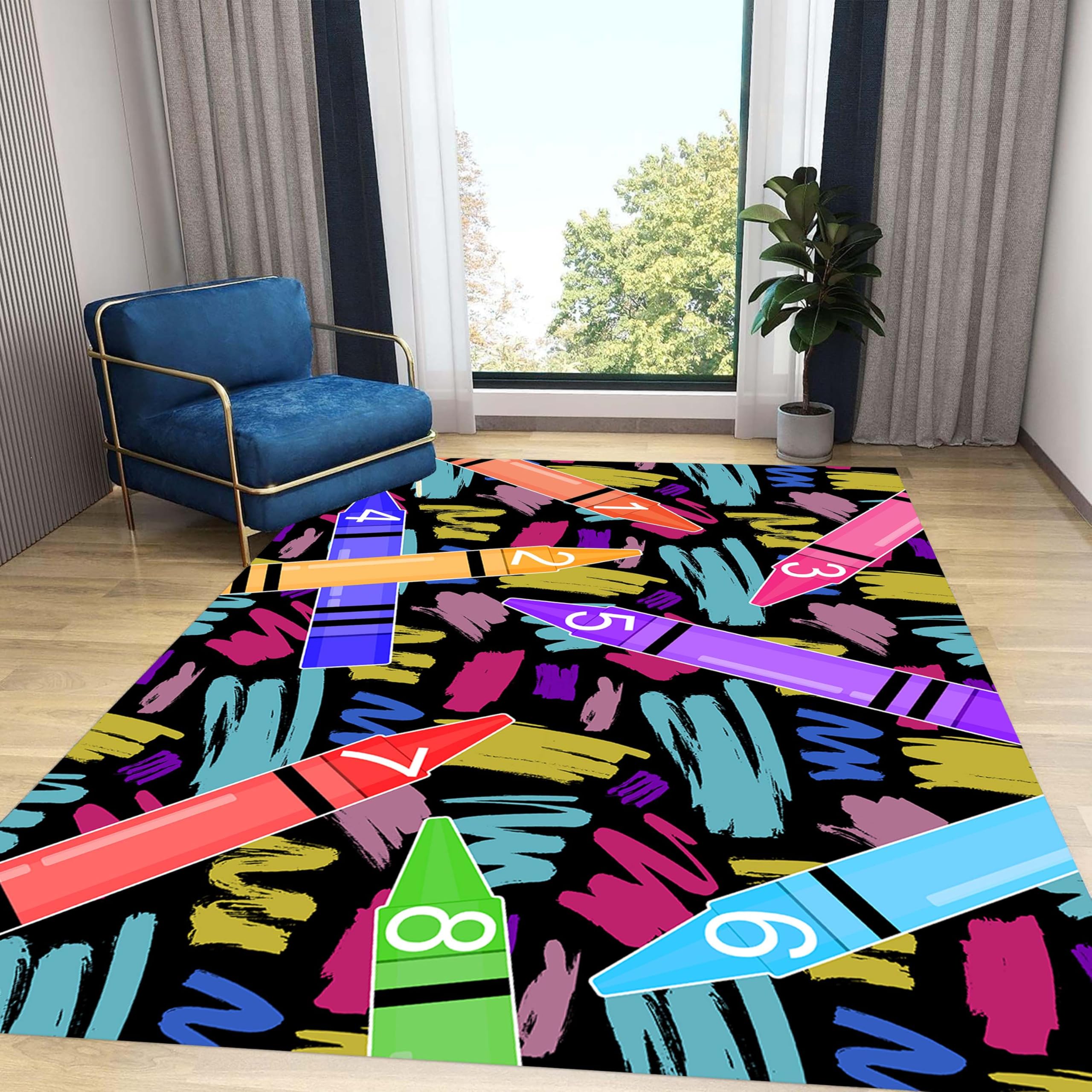 LHOMKCV Fun Graffiti Area Rug, 70x140cm, Colorful Numbers Crayons Splatter Paint Print Cartoon Game Rugs, Low Pile Non Shedding Non Slip Kids Carpet for Living Room Dining Room
