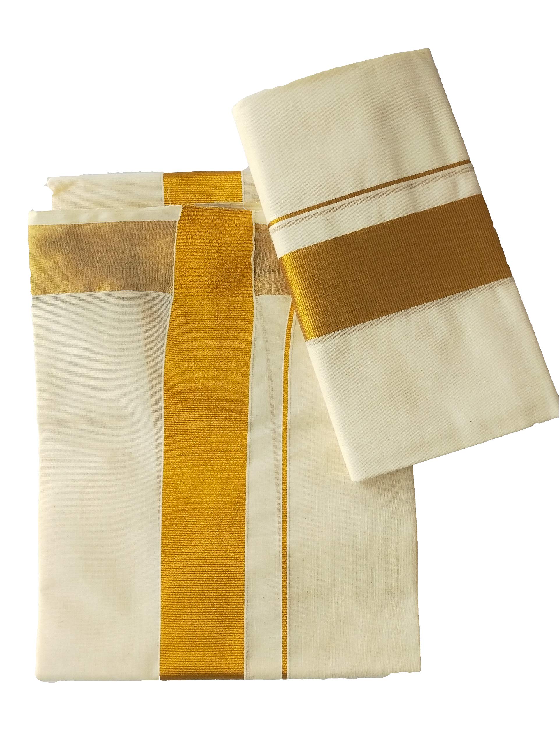 Women's Cotton Mundu without Blouse Kerala Set - Gold, Cream