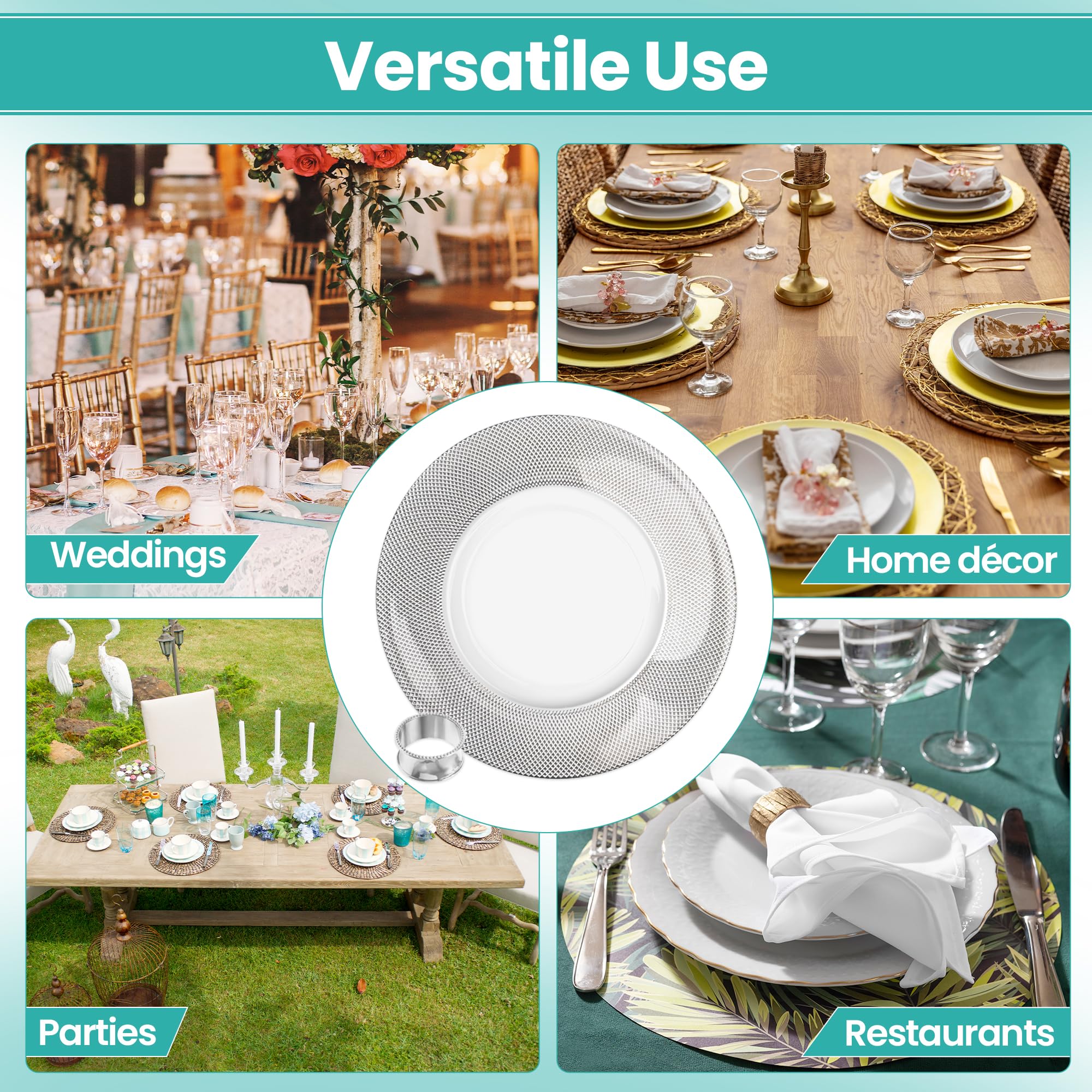 Trimming Shop - Piatti di carico in vetro da 33 cm con porta tovaglioli abbinati a quadri argentati e martellati, confezione da 6 per matrimoni, banchetti, compleanni, cene, catering e forniture per