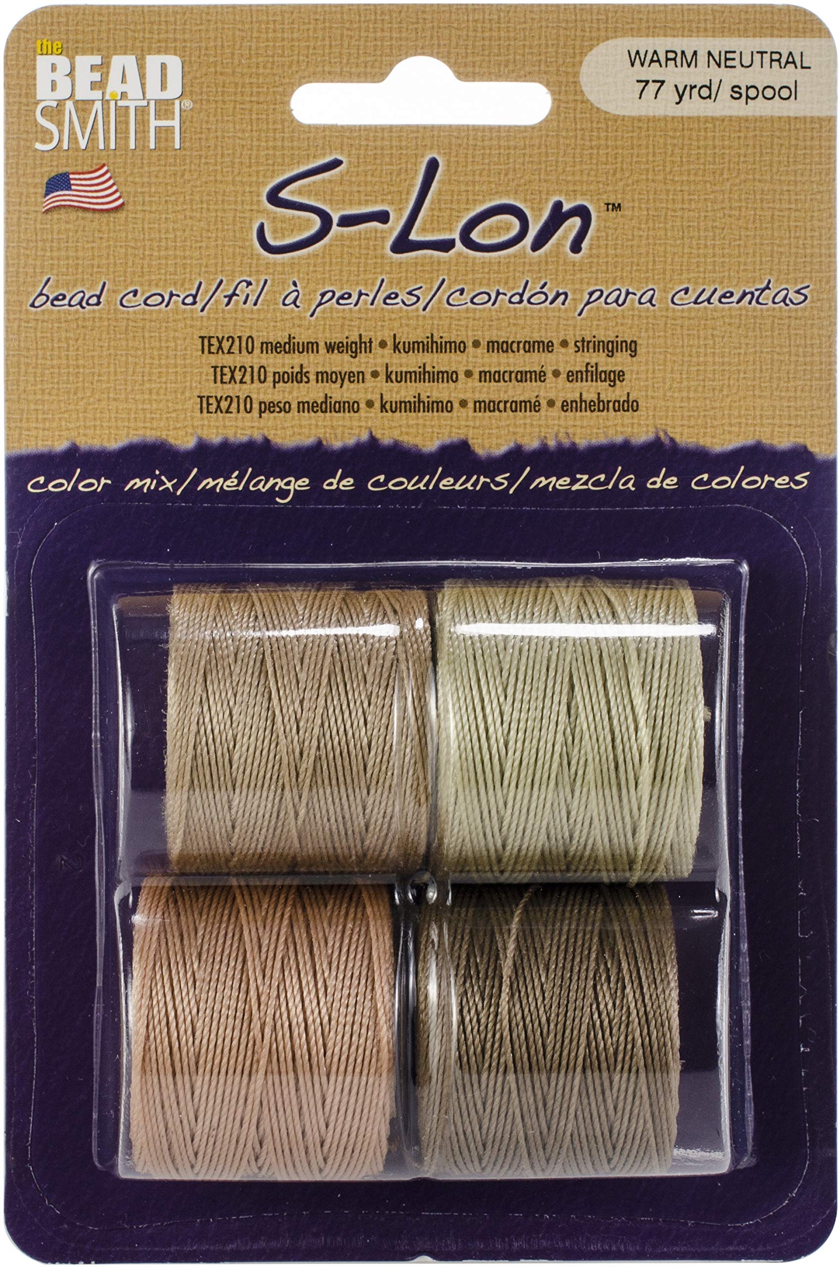 The Beadsmith S-Lon Bead Cord – .5 mm Twisted Nylon Cord for Stringing, 4-Pack, Warm Neutrals Mix, TEX210, 77 Yards per Spool