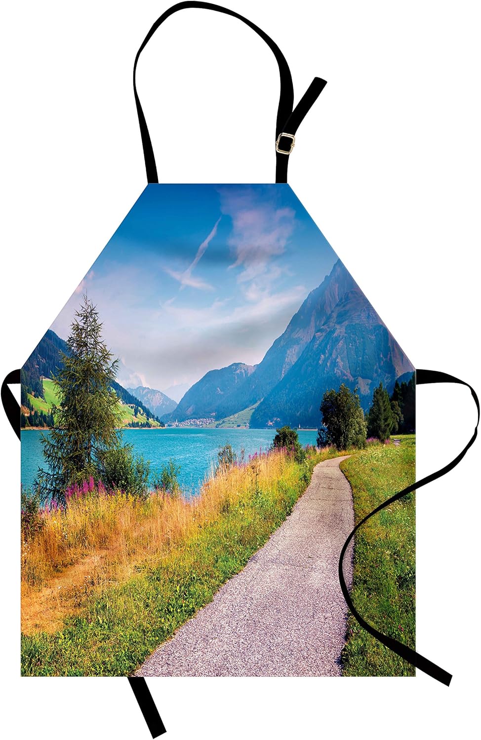 Paisaje delantal por lunarable, bicicleta camino alrededor de Resia lago alpes italianos colorido verano mañana idílico escena, unisex delantal con