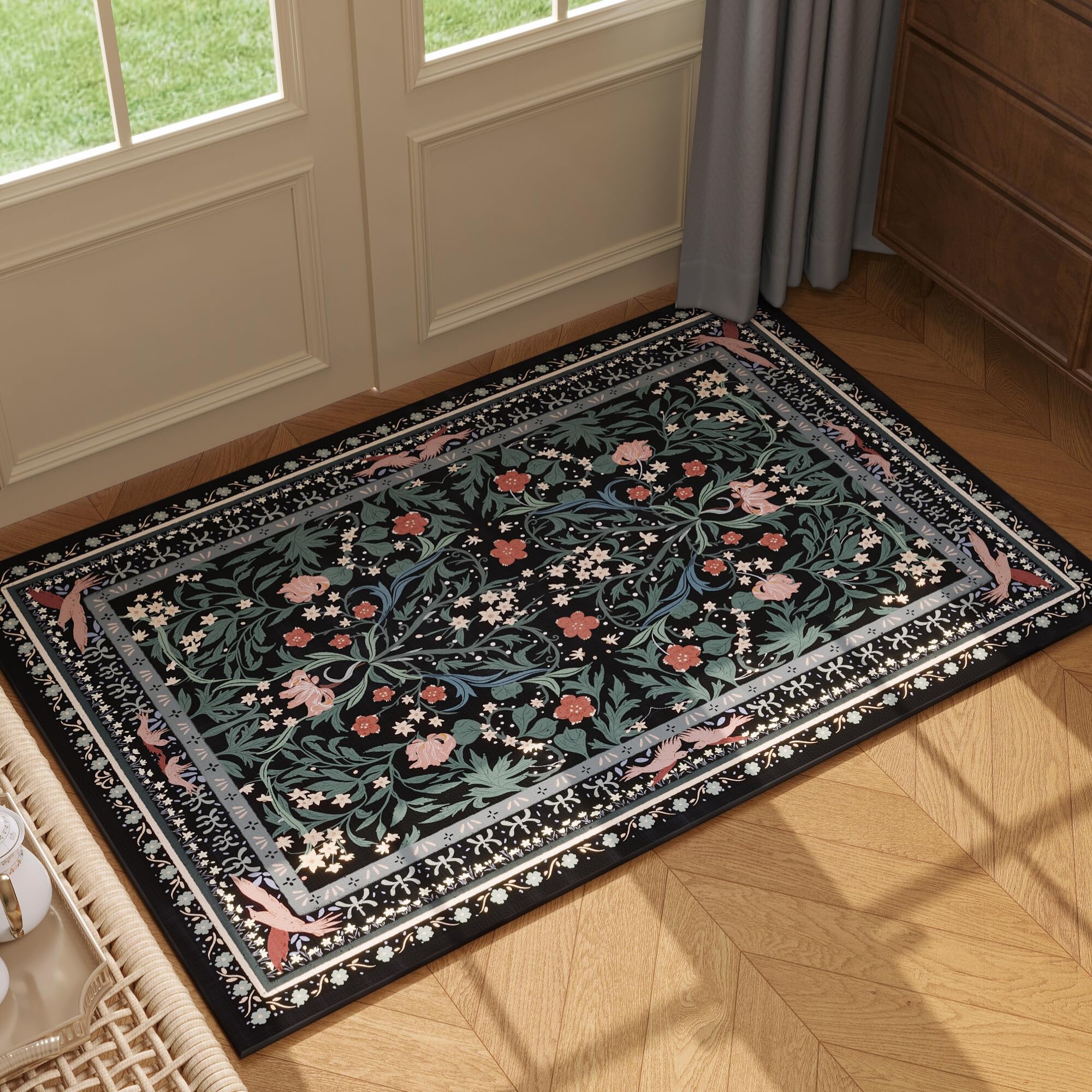 Vowkten Door Mat Indoor Entrance 2x3 Rug Machine Washable Vintage Floral Botanical Small Area Rug Non-Slip Low Pile Throw Rugs for Entryway, Kitchen,