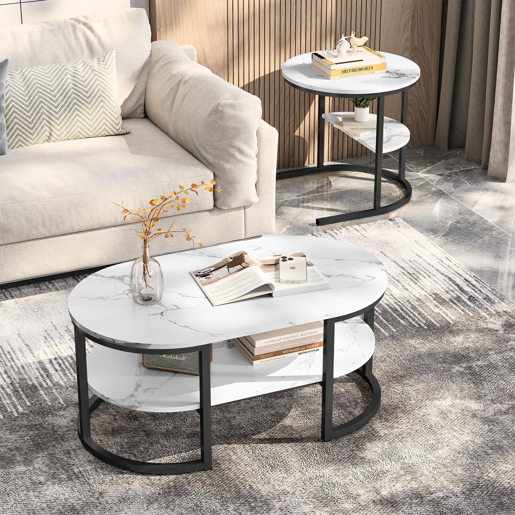 Couchtisch 2er Set,2 in 1 Wohnzimmertisch mit stauraum,Moderne Sofatisch Couchtisch Rund und Oval in Marmor Optik,Metallrahmen satztische fürs Wohnzimmer,Beistelltisch Set