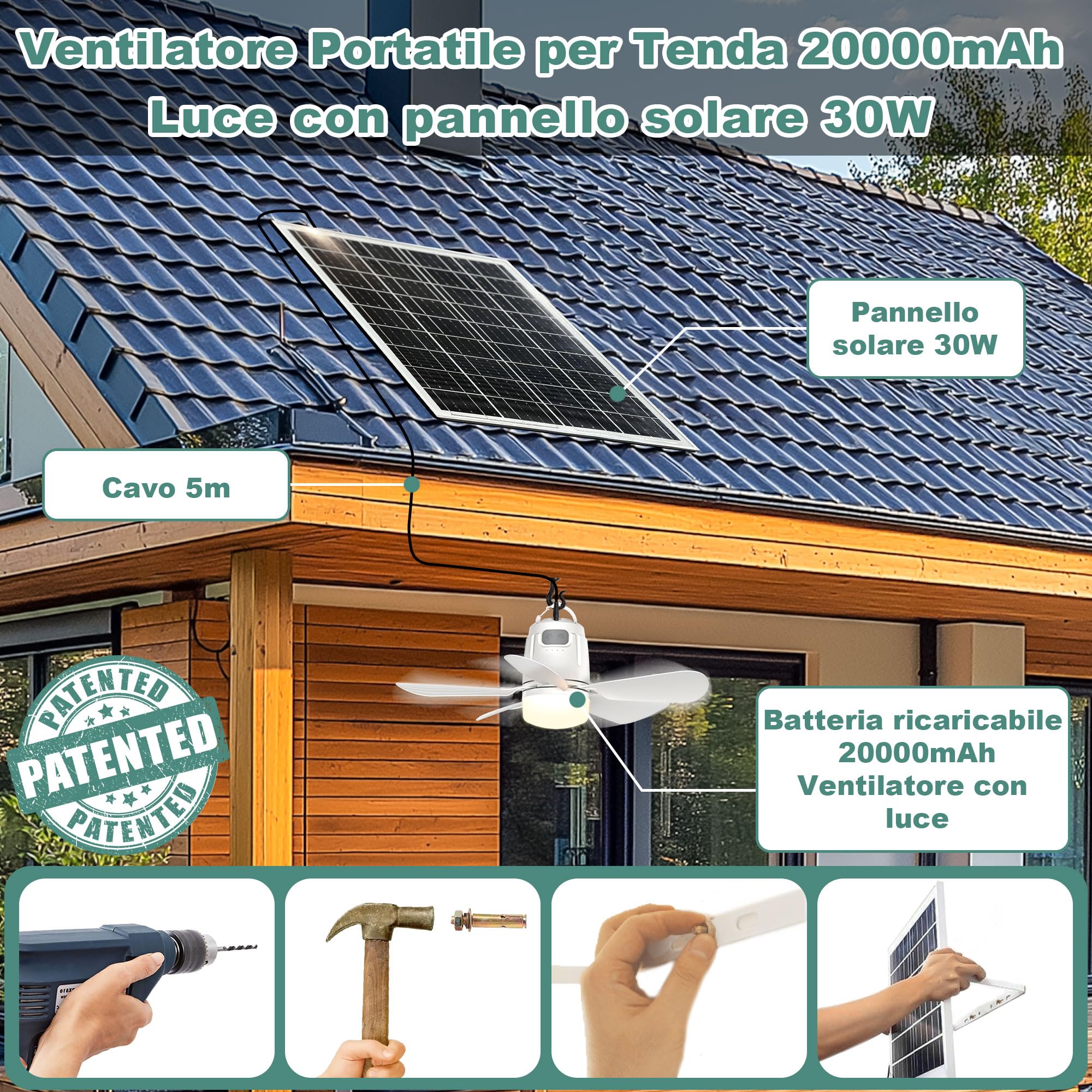 Gliztech Lampadario Ventilatore Solare, Lampadario con Ventilatore da soffitto con luce con Illuminazione, Pannello Solare e Telecomando, Patio, Ombrellone, Gazebo, Tettoia, Campeggio