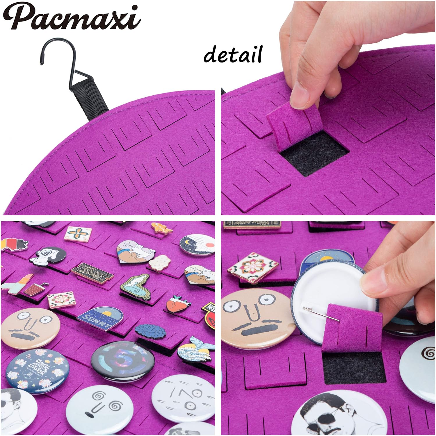 PACMAXI Hanging Brooch Pin Display Holder, Wall Pin Collection Storage Organizer, Cute Pin Banner Case Hold Up to 76 Pins.(Pins not Included) (Purple)