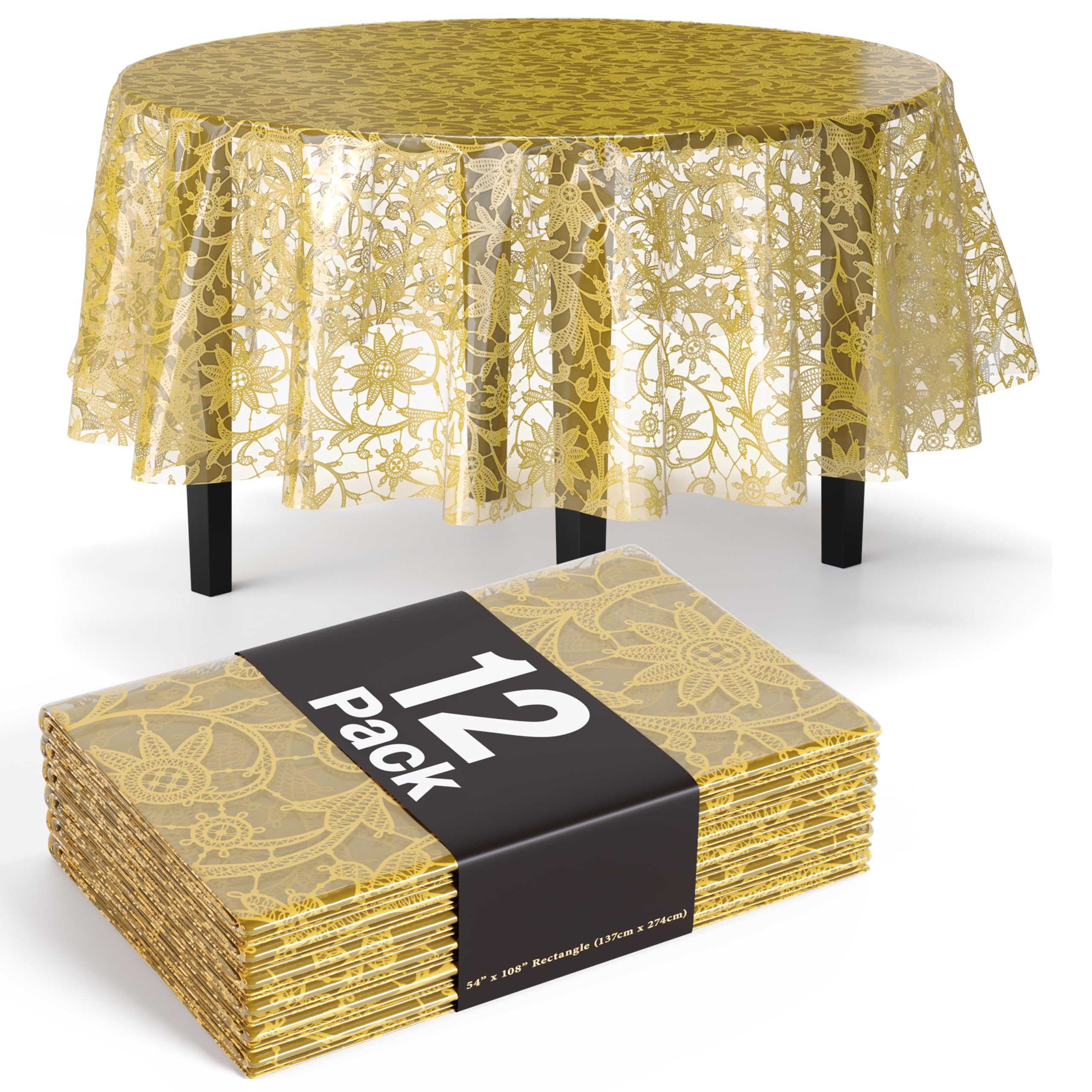 Exquisite Lace Table Cloth Round Table Plastic 12-Pack Lace Tablecloth Round 84" | Clear & Gold Floral Tablecloth Disposable | Wild Flower Party Decorations & Party Supplies