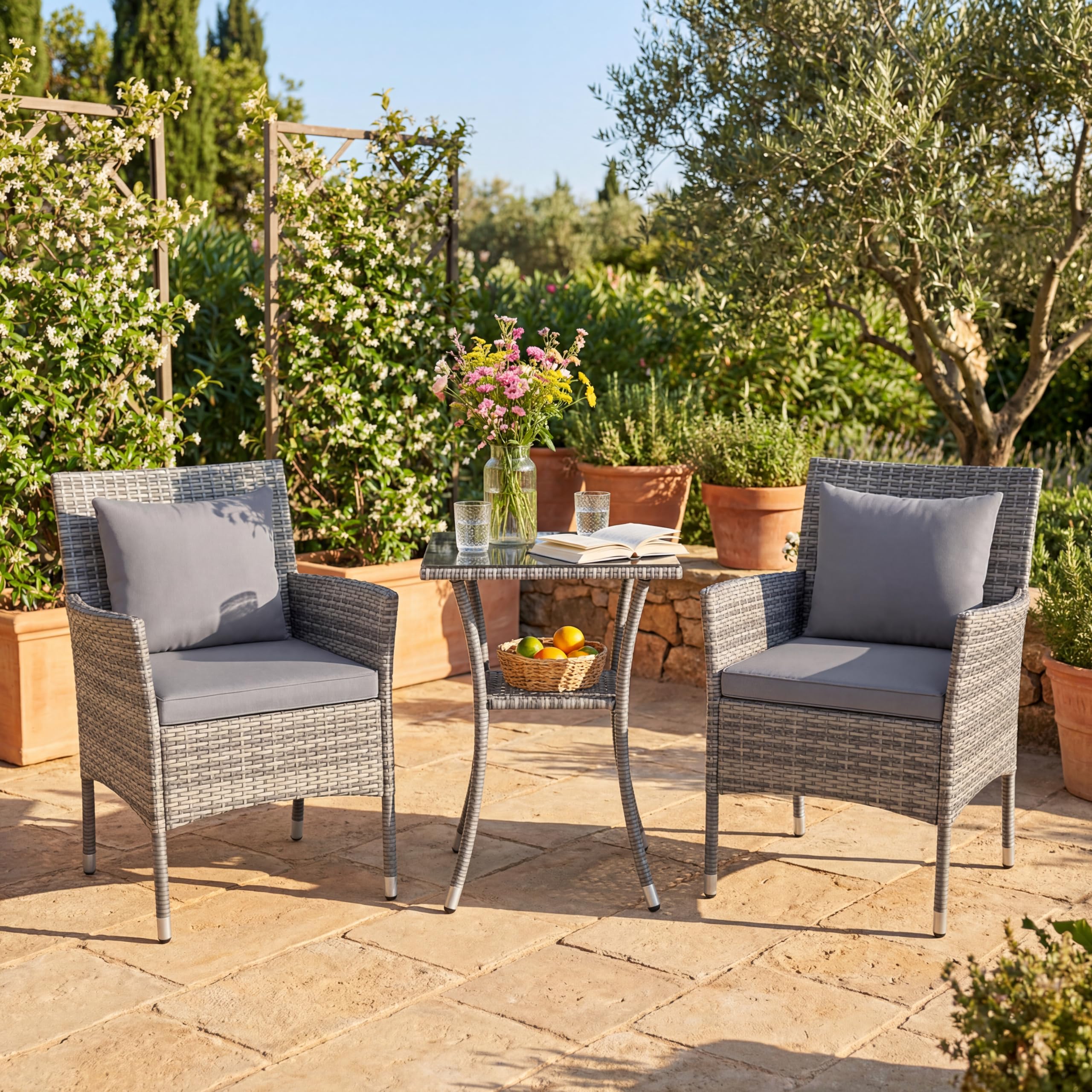 GIANTEX Juego de Muebles de Jardín 3 Piezas, 2 Sillones con Cojines y 1 Mesa con Tablero de Cristal, Conjunto de Muebles de Ratán para 2 Personas, Juego de Bistró para Balcón, Patio (Gris)