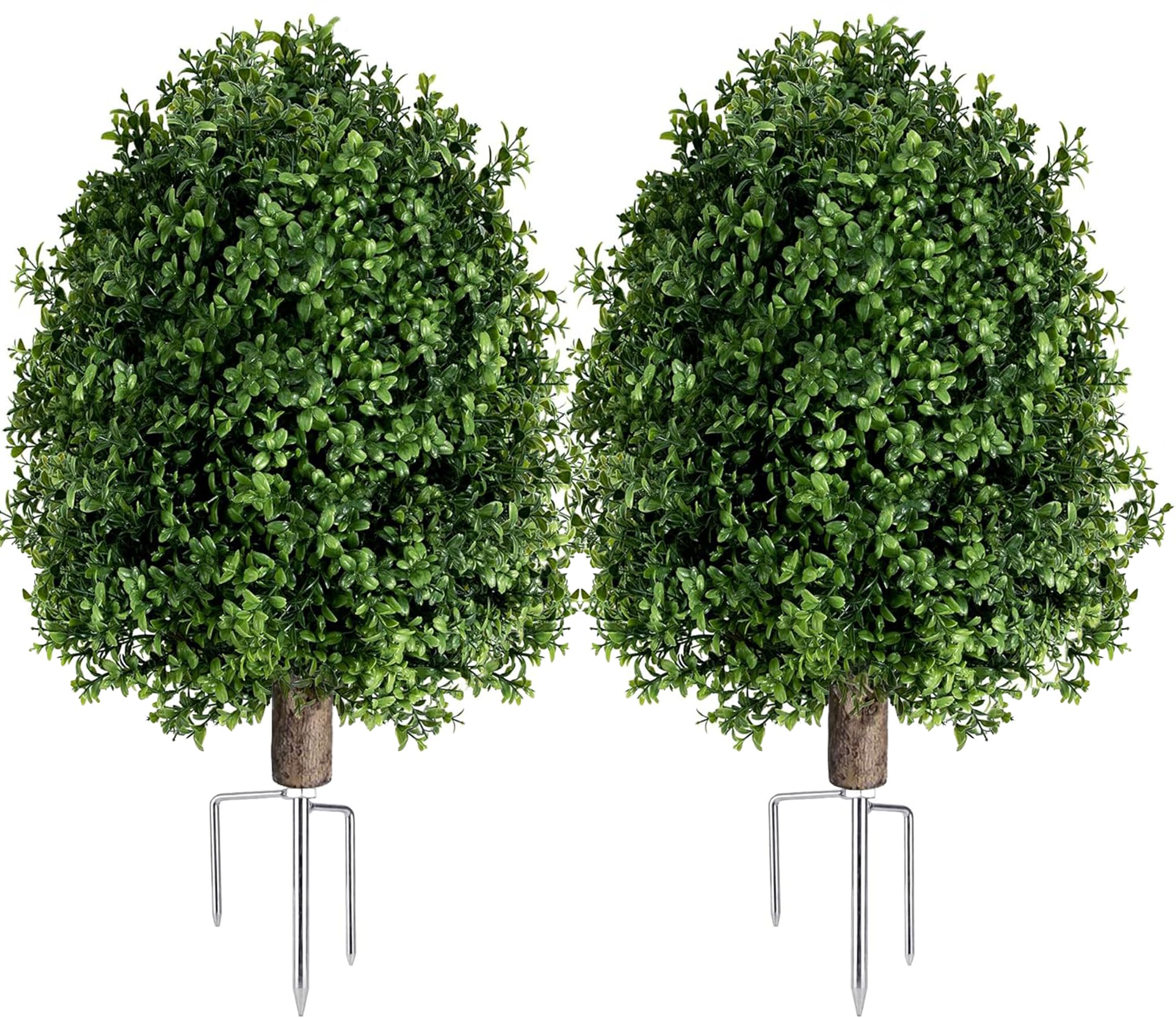 Photo 1 of INSPRING 27'' Artificial Boxwood Topiary Trees Outdoor Fake Bushes Plants UV Resistant Evergreen Shrubs with Metal Ground Spike for Porch Patio Garden, 2 Pack