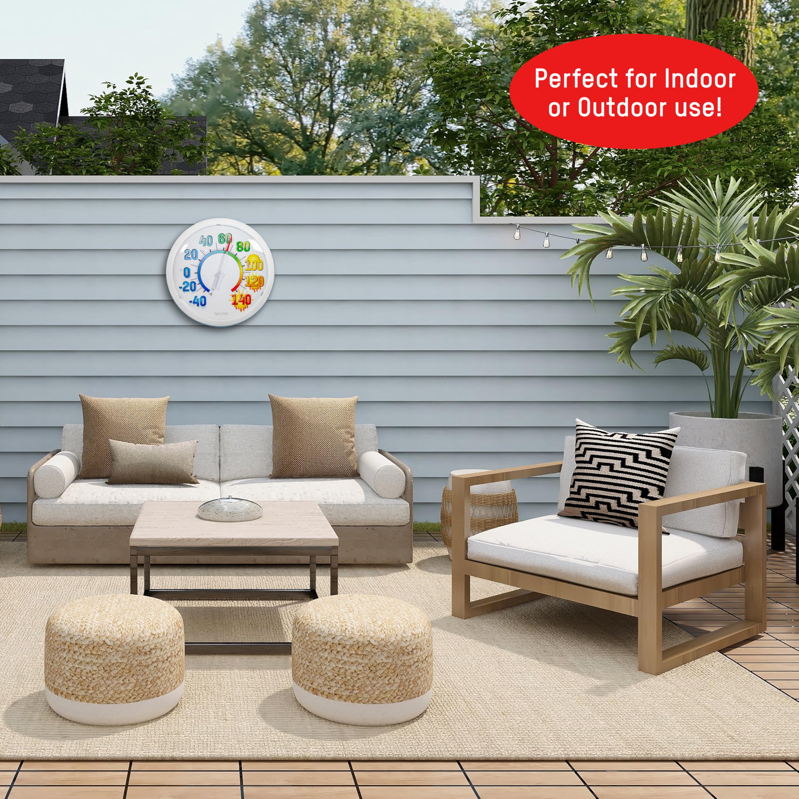 Taylor Icônes colorées grand et audacieux mur haute température thermomètre intérieur extérieur sans fil facile à lire grands chiffres pour patio piscine intérieure, résistant aux intempéries 13,25
