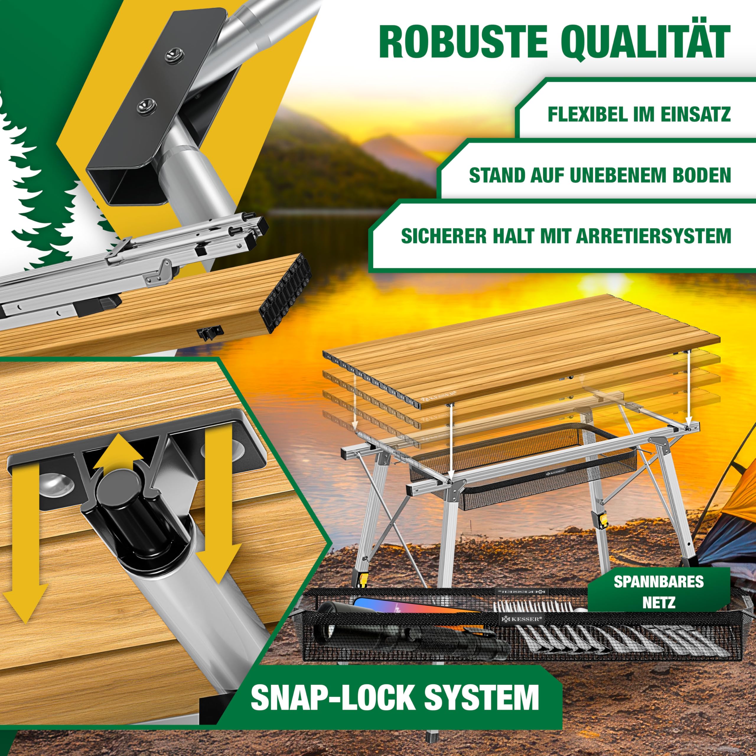 KESSER® Campingtisch faltbar Klapptisch mit Aluminiumrahmen Aufrollbare Tischplatte Falttisch klappbar Höhenverstellung 120x70cm - bis 100kg inkl. Tragetasche mit Trageband & Netztasche, Holz-Optik