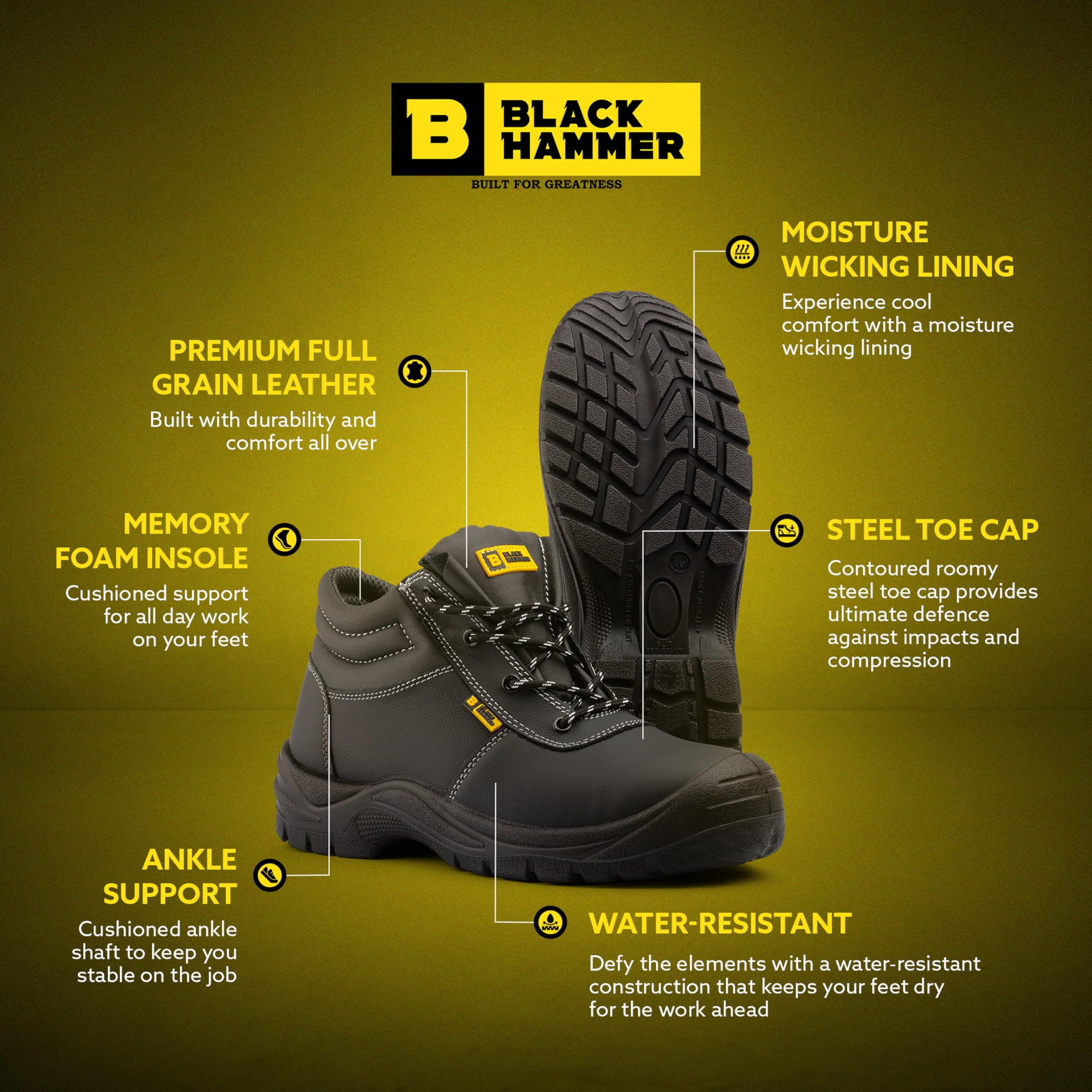 Black Hammer Botas de Trabajo de Seguridad para Hombre - Piel Plena Flor, Puntera de Acero, Resistente al agua, Diseñado para el Estilo y la Comodidad Calzado para Trabajos duros S3 SR William (47 EU)