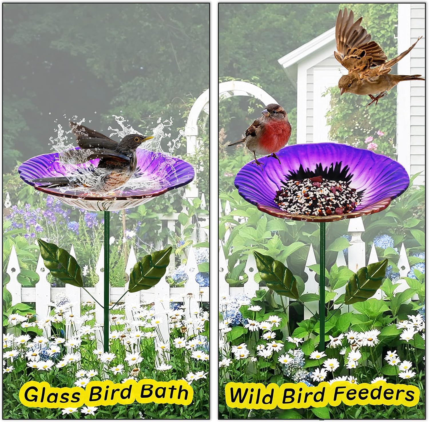 Glass Bird Baths for Outdoor, Garden Birdbath Bird Feeders Hydrangea Decor Birdfeeder with Metal Stake for Garden, Yard, Lawn, Courtyard