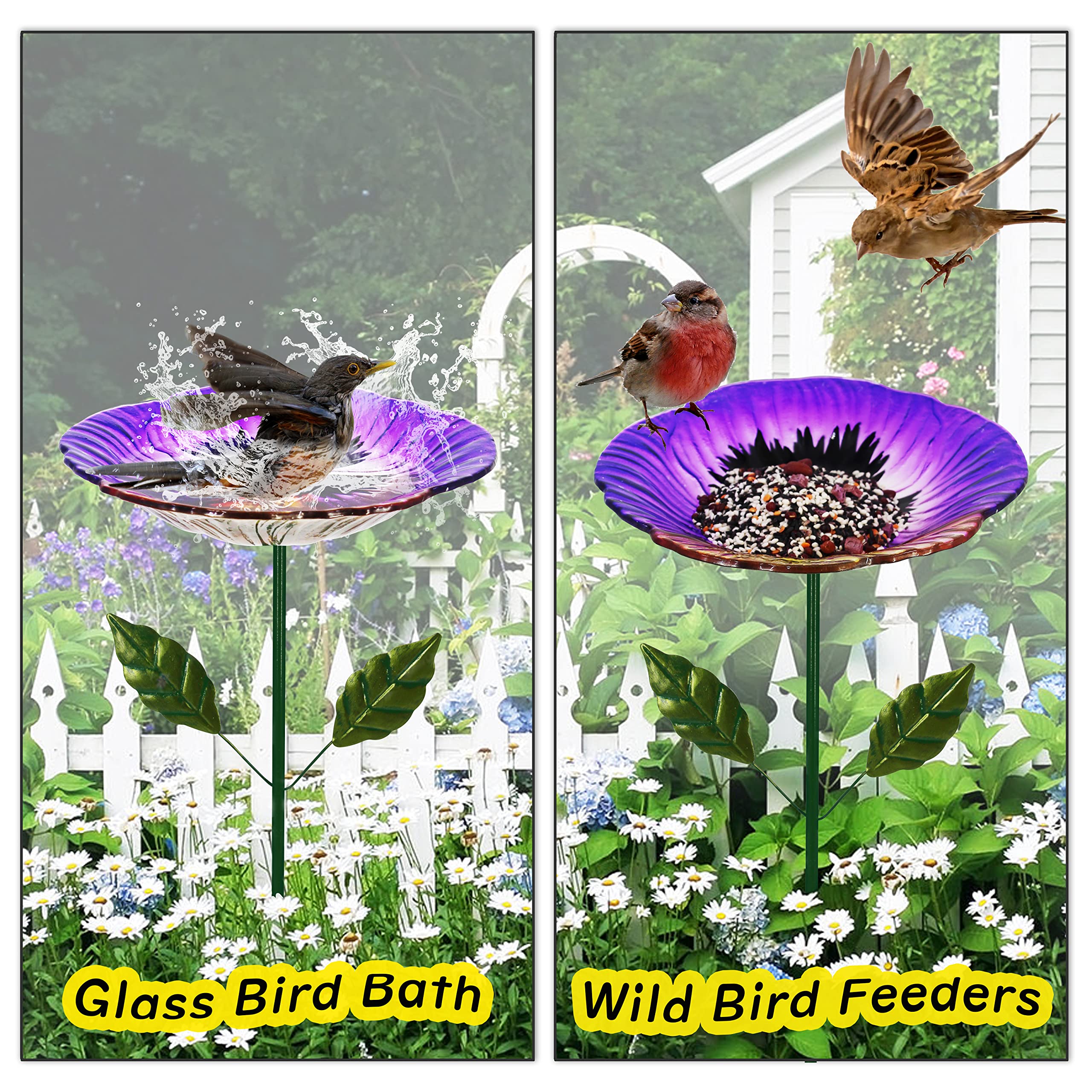 Glas-Vogeltränke für den Außenbereich, Garten, Vogeltränke, Vogelfutterspender, Hortensien-Dekor, Vogelfutterspender mit Metallpfahl für Garten, Hof, Rasen, Hof
