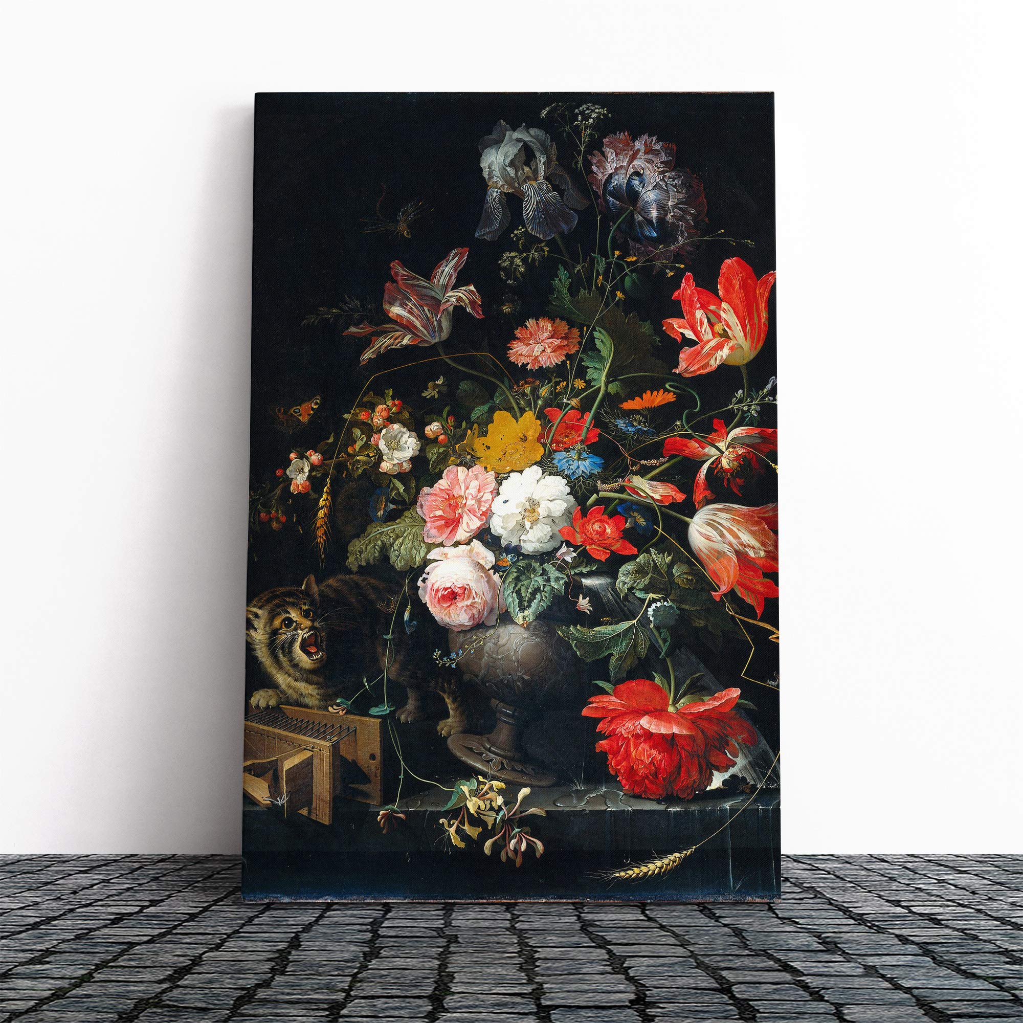 Abraham Mignon Flowers Cat Canvas Print | Gallery Wrapped 30mm Frame Wall Art | 24x16 inches | Ready to Hang | Modern Animals Picture | Living Room Bedroom Lounge Office