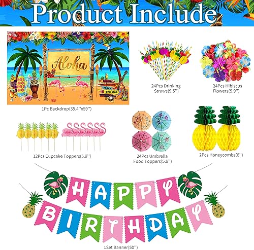 Miniatura 9 de Luau - Decoraciones para fiesta de cumpleaños, 323 piezas, suministros de fiesta hawaiana tropical Aloha para verano, playa, vacaciones, juego de