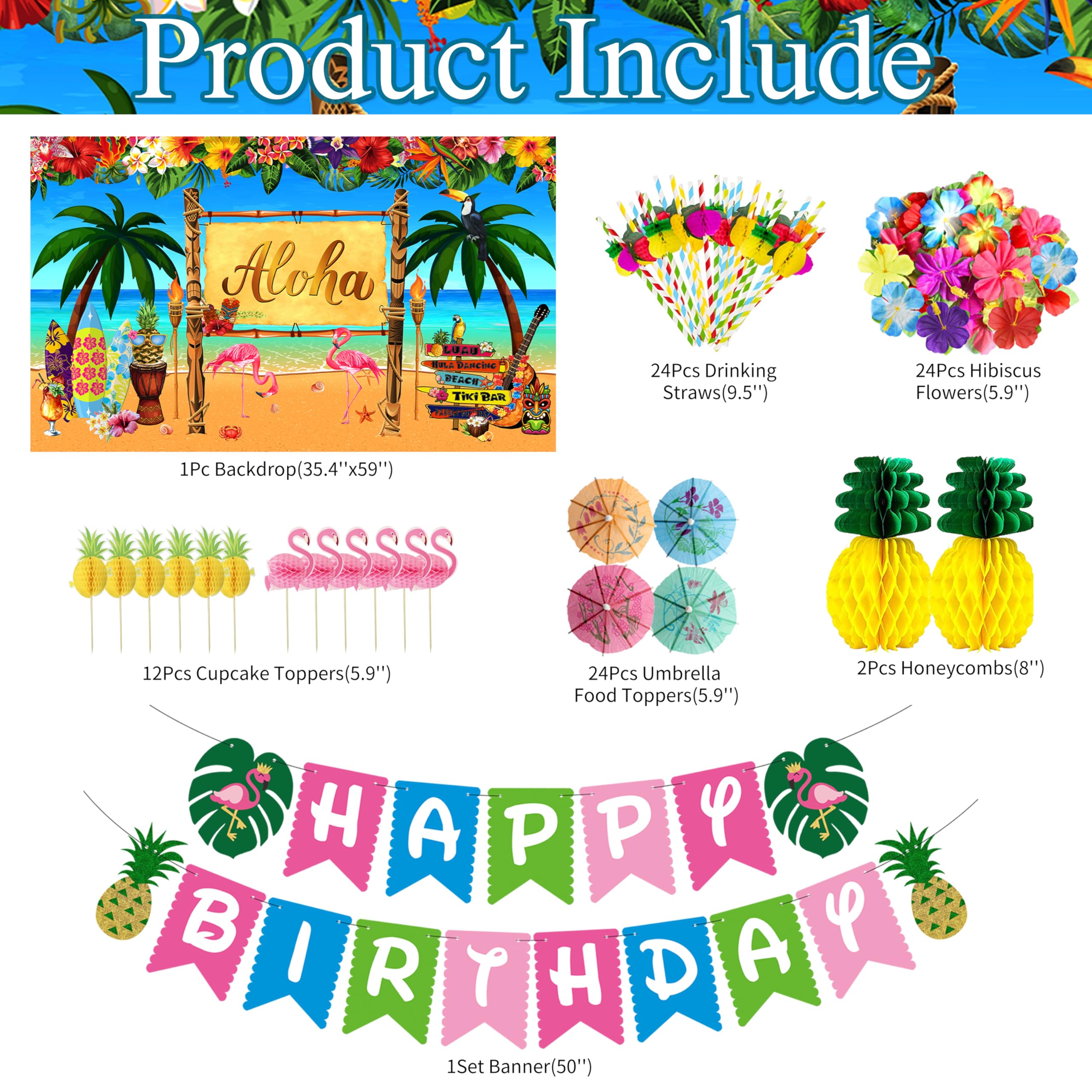 Luau Birthday Party Decorations Hawaiian Party Decorations 169 Pcs Tropical Aloha Party Supplies for Summer Beach Holiday Including Balloon Arch Kit Backdrop Table Skirt Banner Cake Toppers Straws