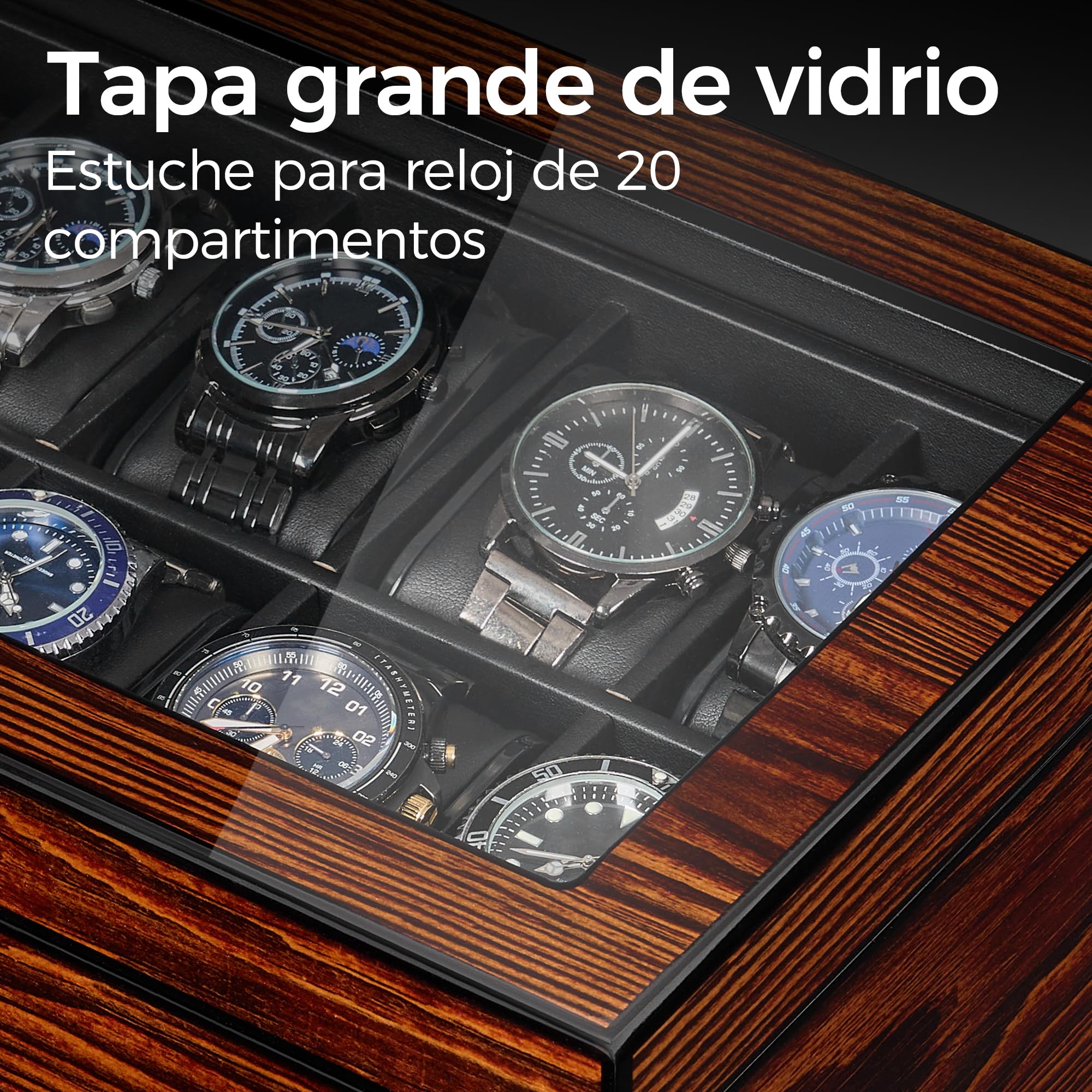 BEWISHOME Caja de Relojes con 20 Compartimentos, Relojero Organizador Hombre, Tapa de Vidrio, Cierre Metálico