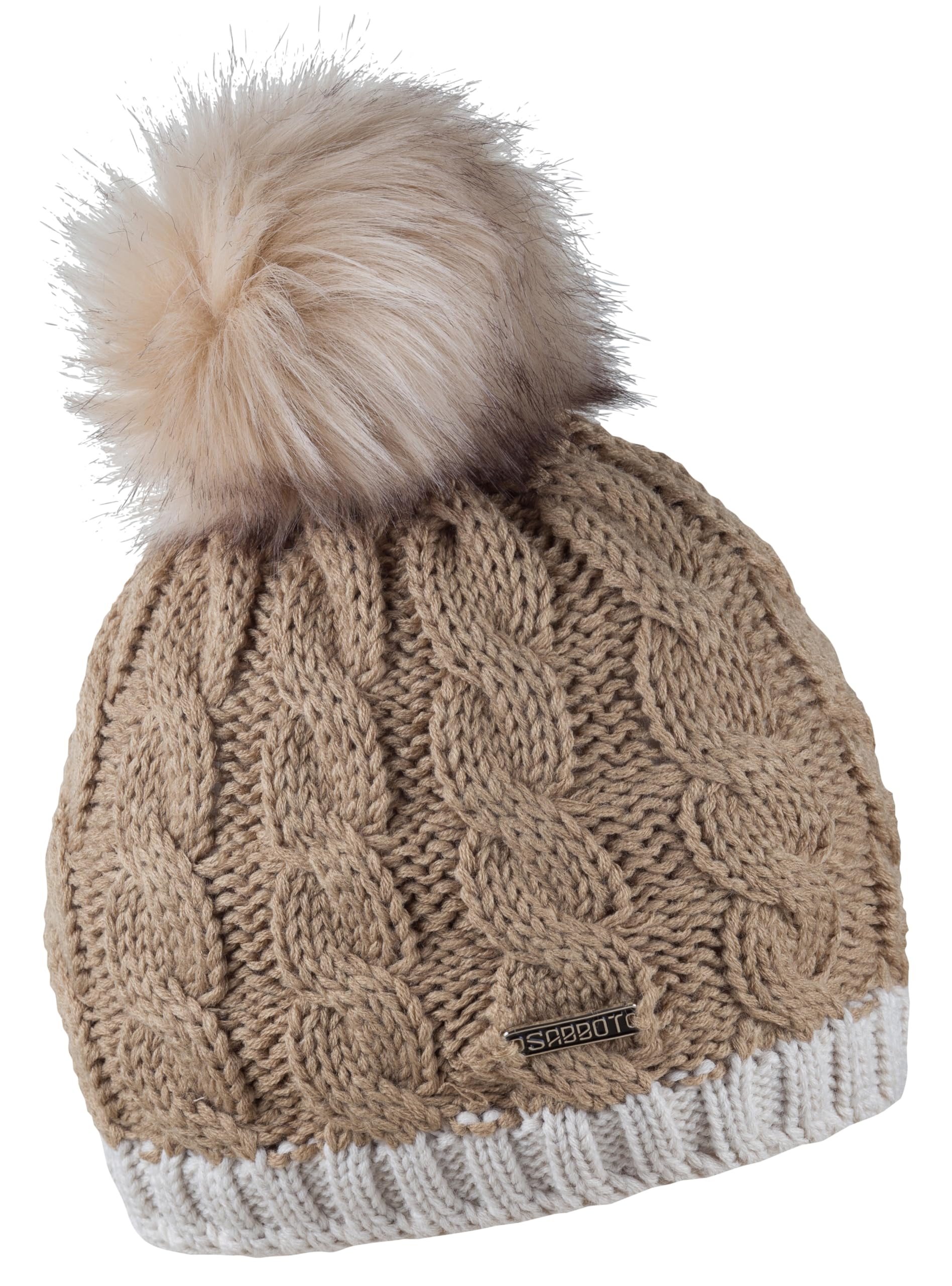 Sabbot Andrea Chunky Knit Faux Fur Bobble Hat (Vegan Friendly) (Camel/Sand)