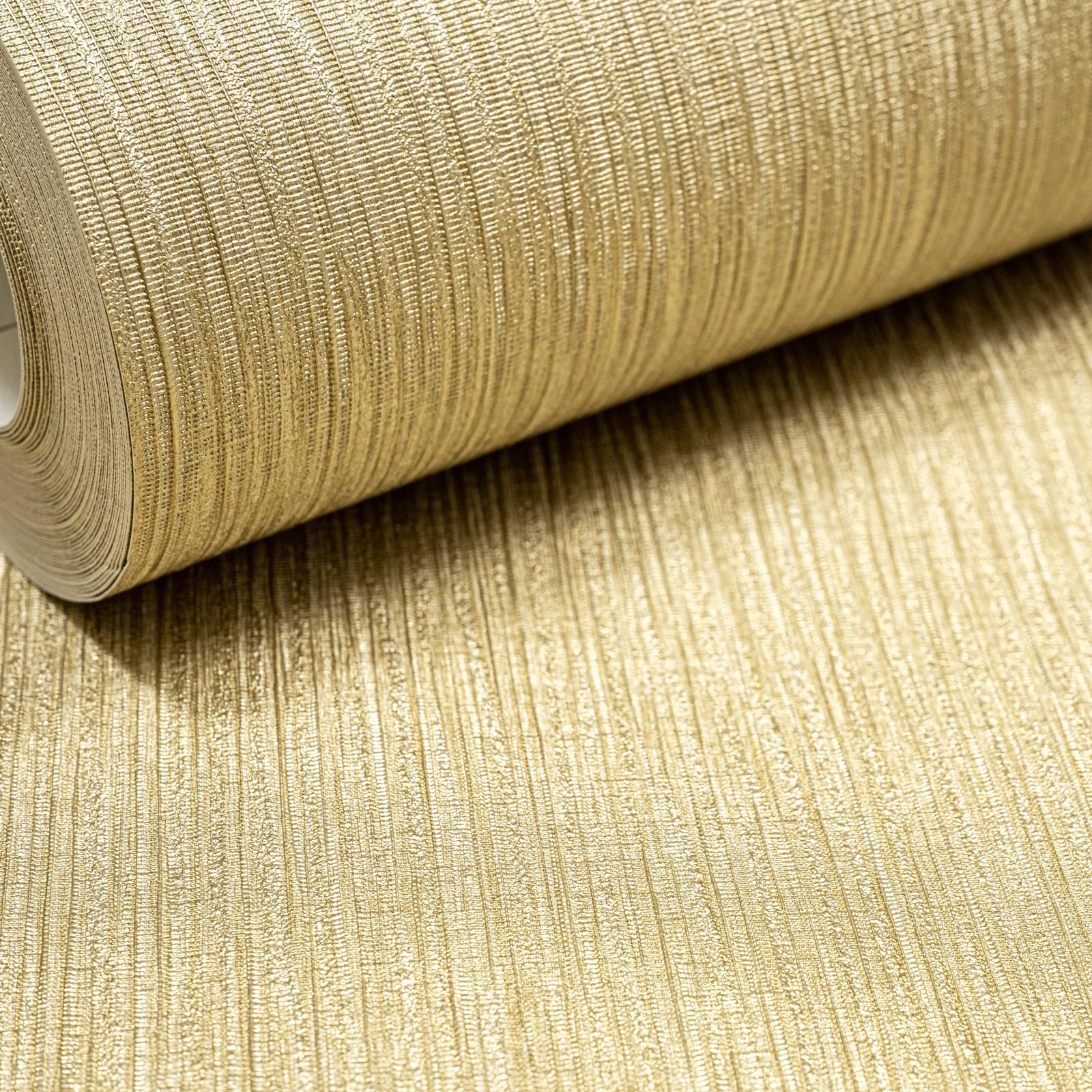 Gold Shimmer Vinyl Wallpaper - Solid Thick Heavy Duty Designer Textured Wallpaper - Plain Stripe Metallic Shimmer - 10376-30